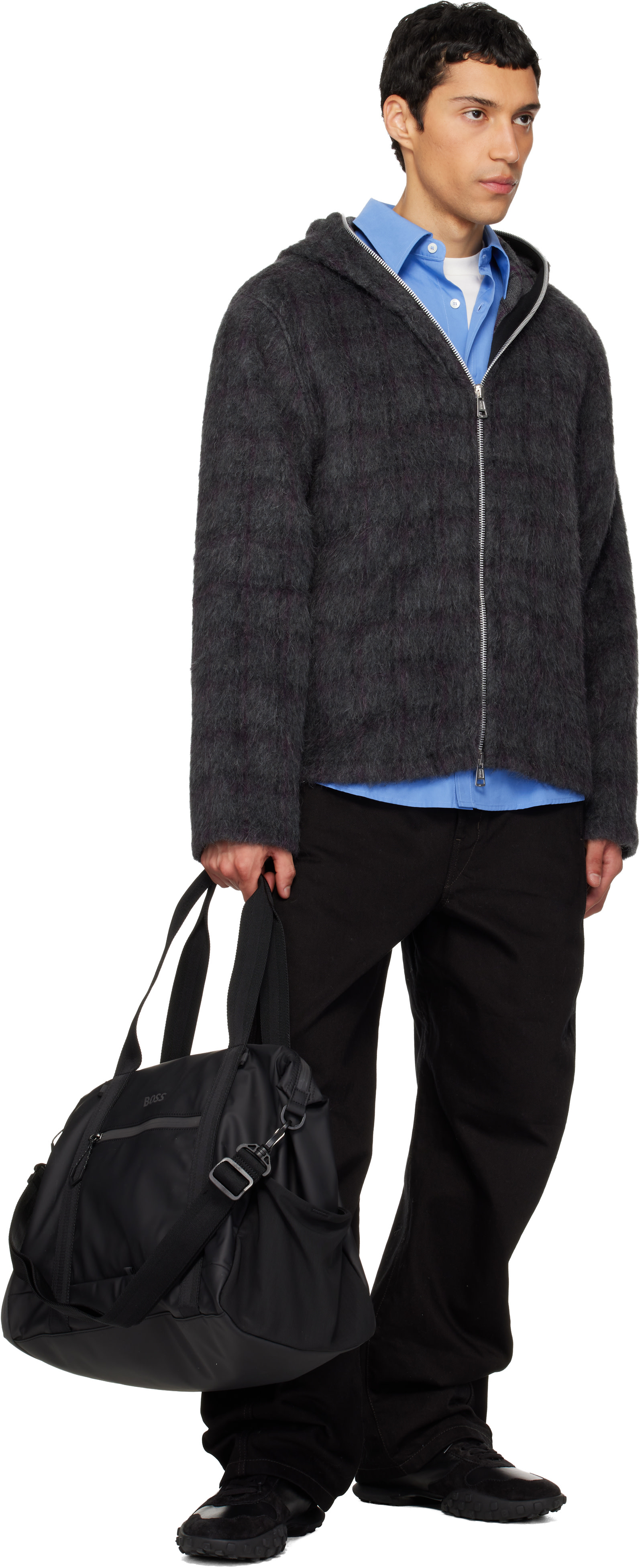 BOSS: ブラック Reflective Details フェイクレザー ホールドオール