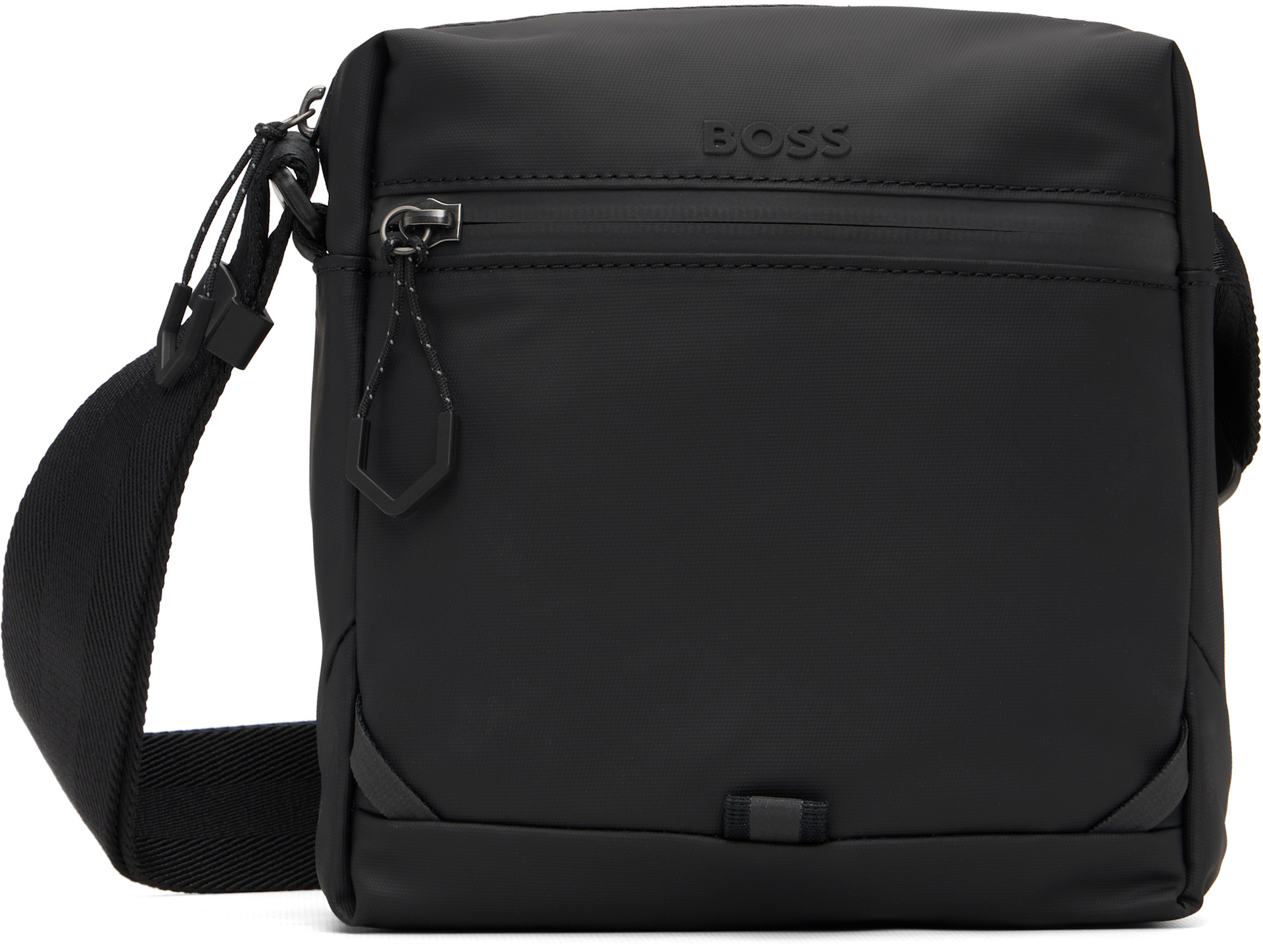 BOSS: ブラック Reflective Details フェイクレザー リポーターバッグ