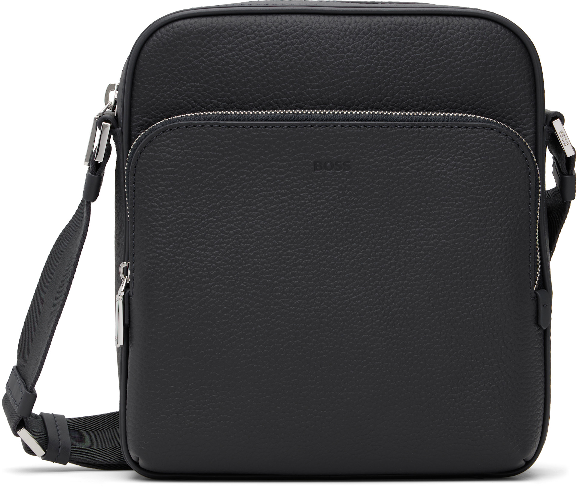 BOSS - Navy Leather Logo-Embossed Messenger Bag