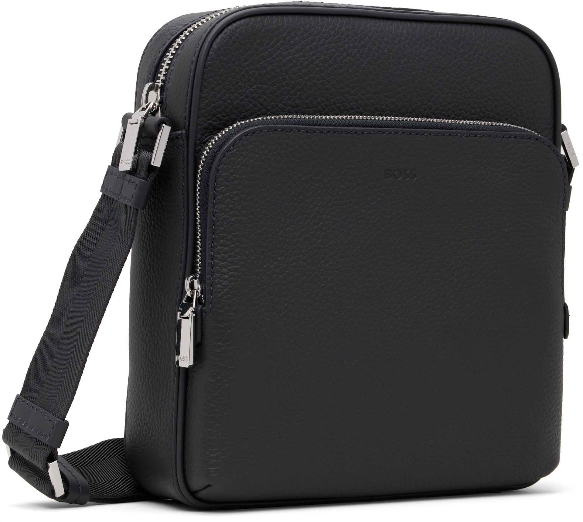 BOSS - Navy Leather Logo-Embossed Messenger Bag