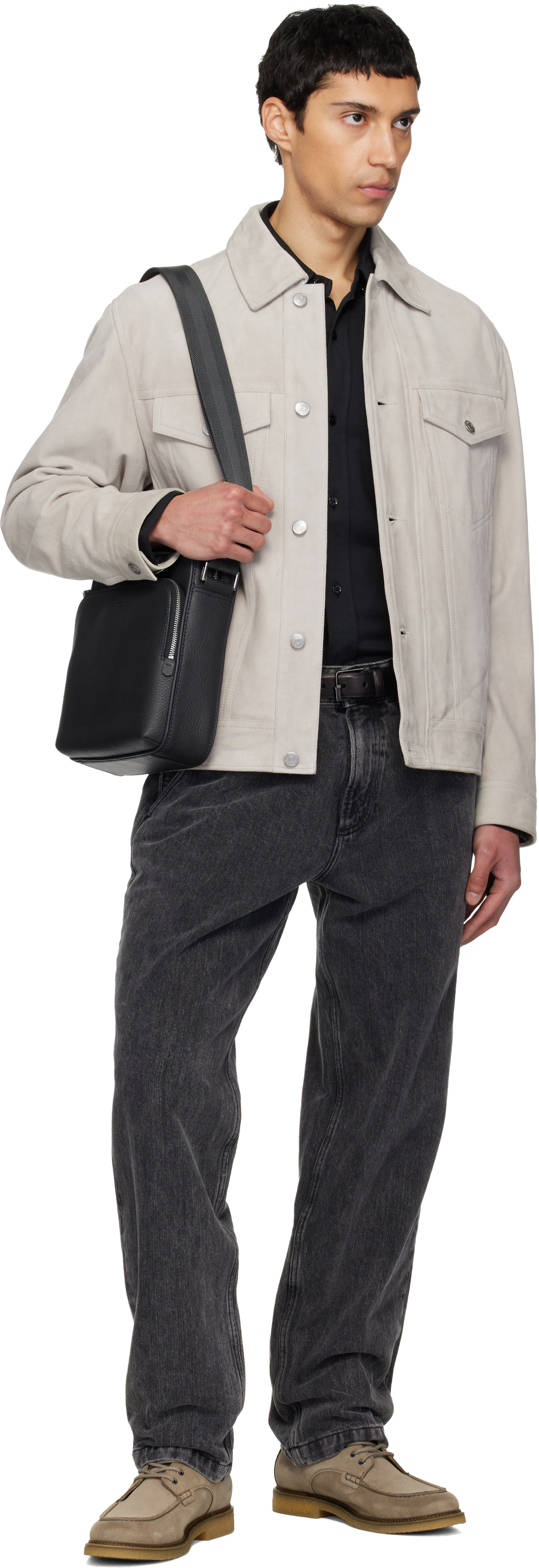 BOSS - Navy Leather Logo-Embossed Messenger Bag