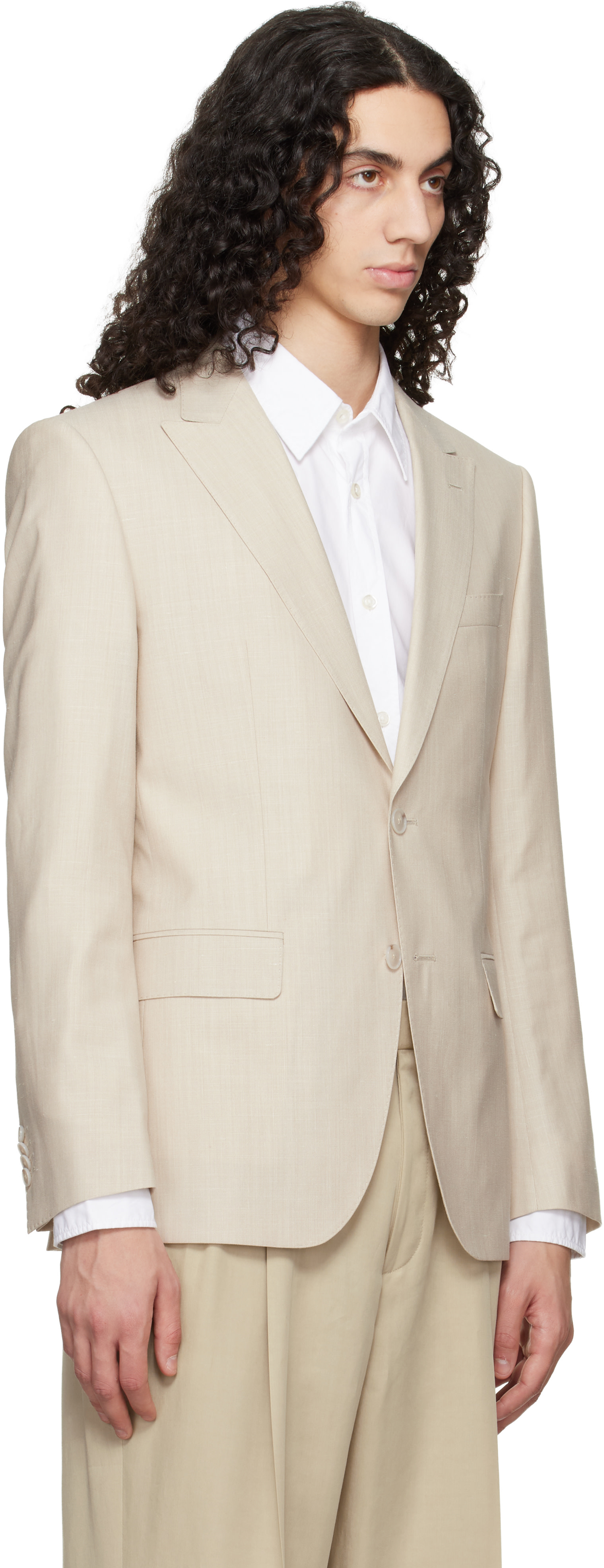 BOSS - Beige Slim-Fit Wool Silk & Linen Blazer