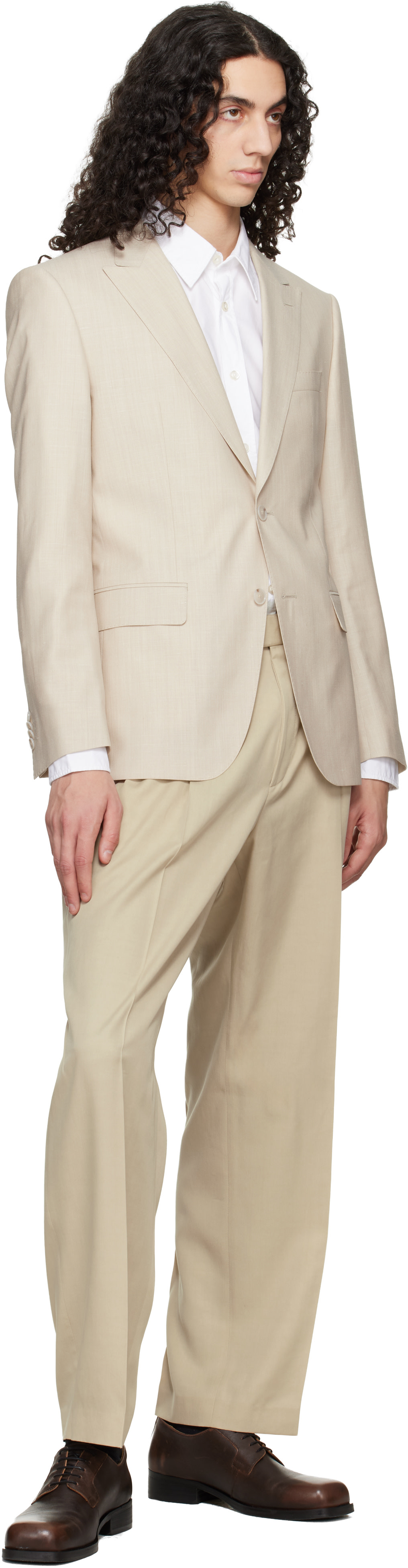 BOSS - Beige Slim-Fit Wool Silk & Linen Blazer