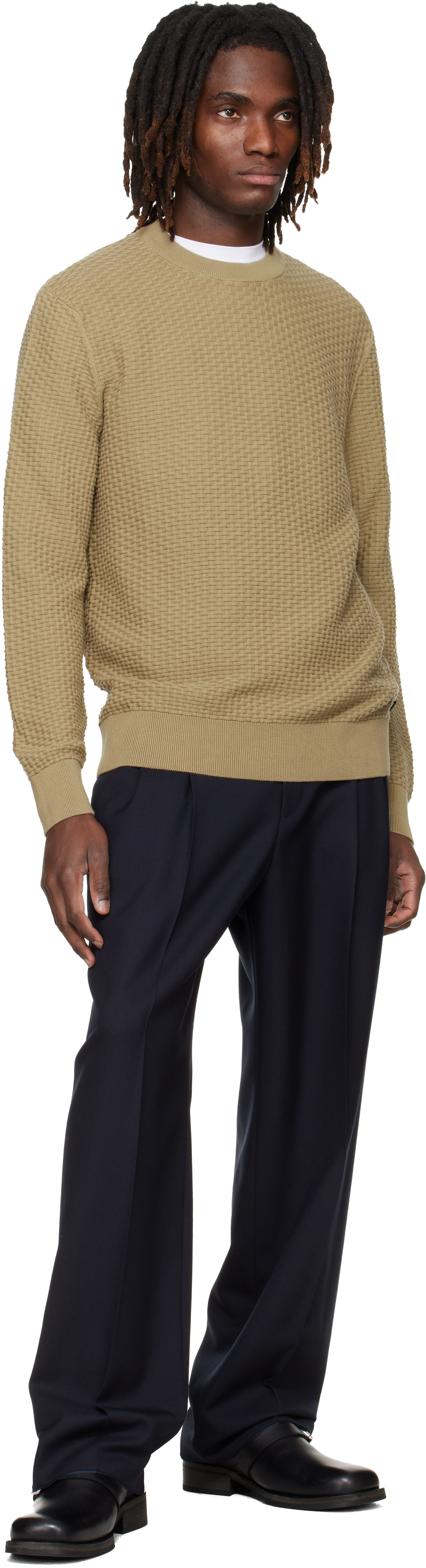 Boss - Pull beige en tricot texturé de coton
