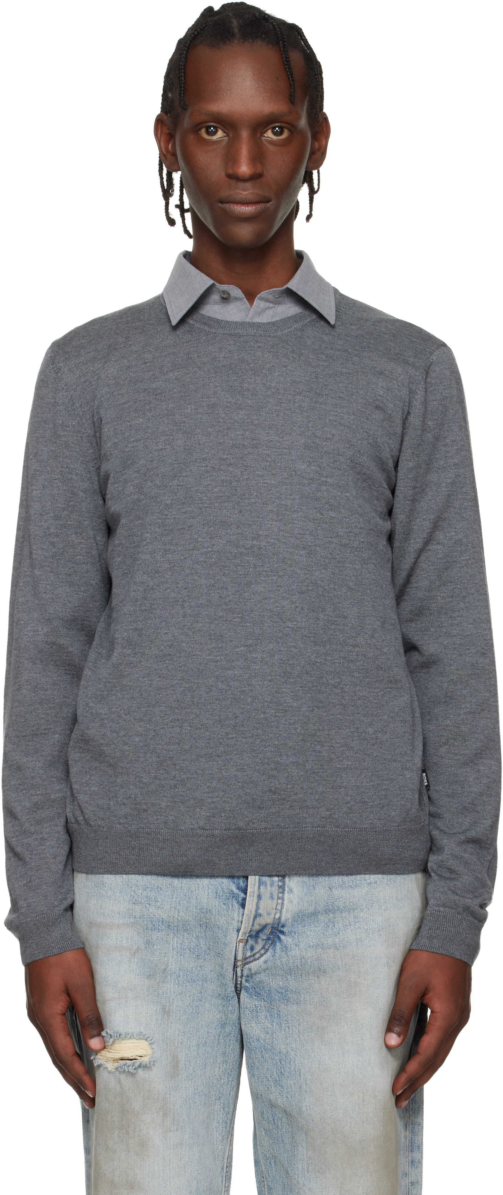 Boss - Pull ajusté gris en laine