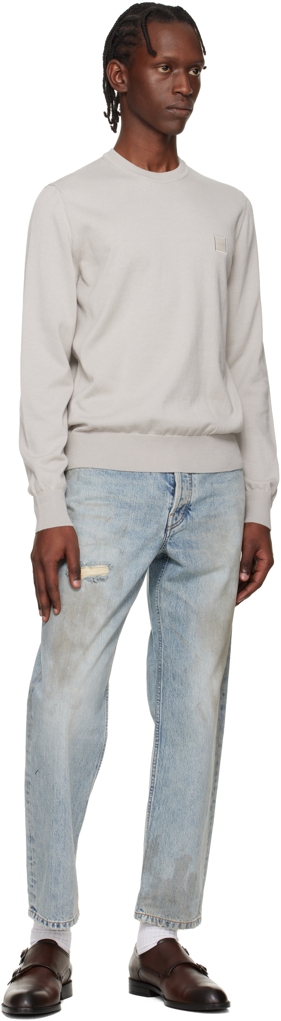 BOSS - Gray Logo-Label Cotton & Cashmere Sweater