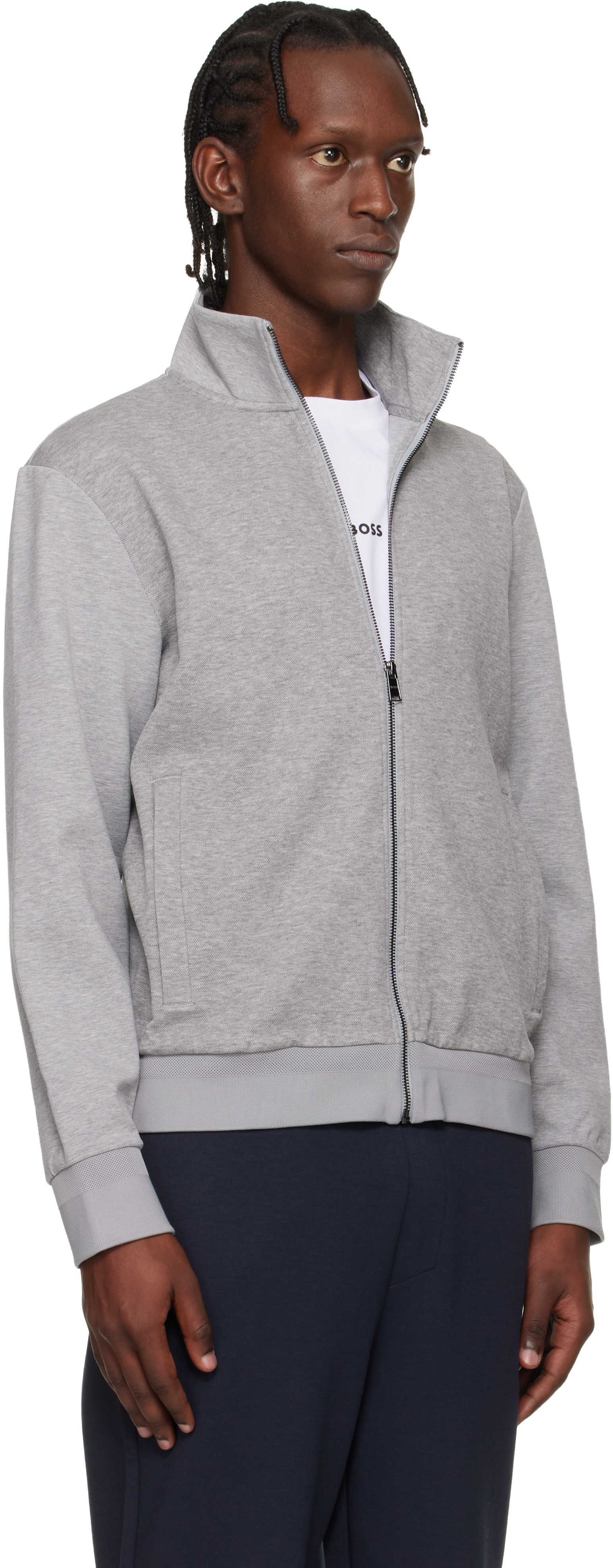 HUGO BOSS ロゴ入り グレー／ライトグレー BOSS: Gray Zip-Up Mercerized Stretch-Cotton Piqué Sweatshirt | SSENSE