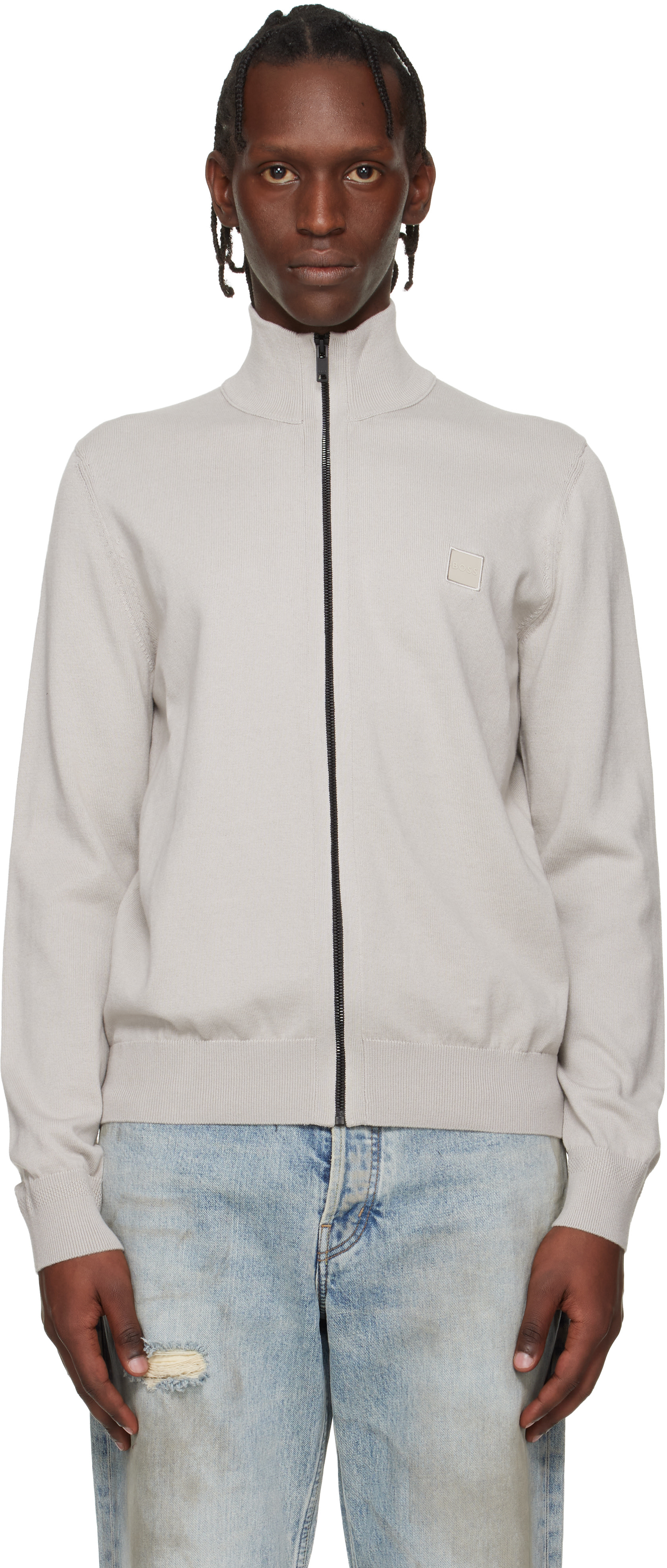BOSS - Gray Cotton Cashmere Knitted Logo Patch Sweatshirt