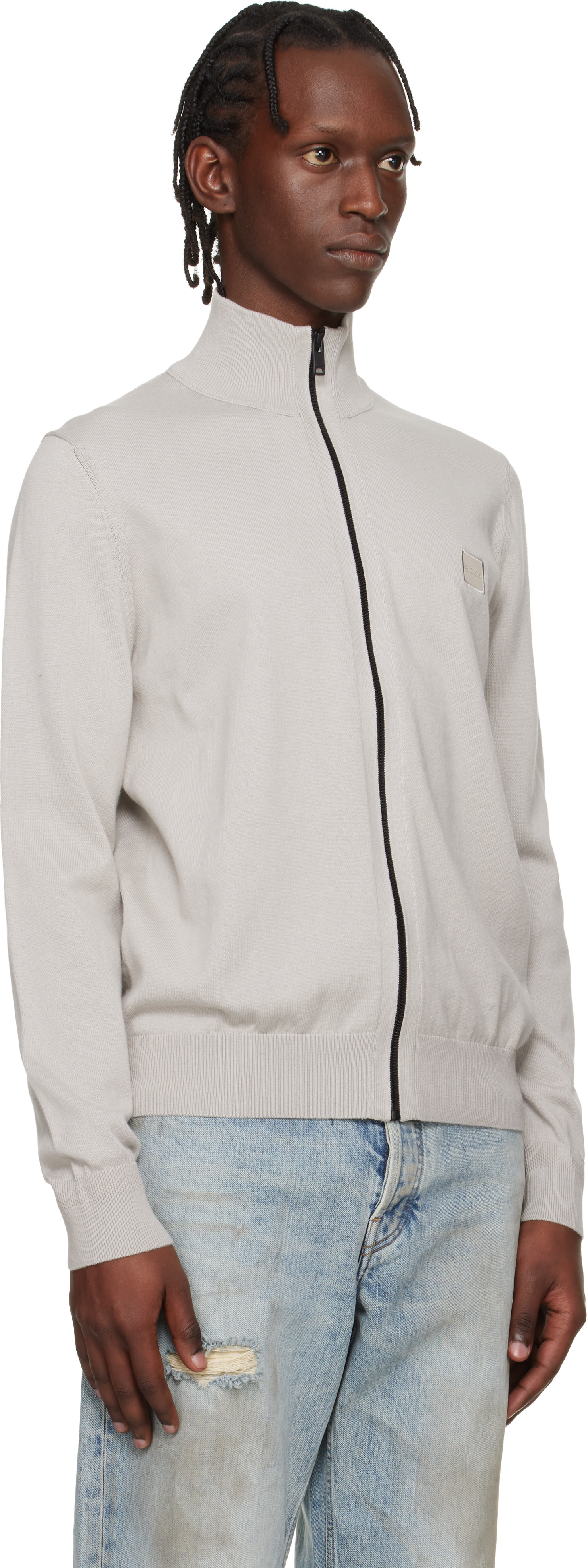 BOSS - Gray Cotton Cashmere Knitted Logo Patch Sweatshirt