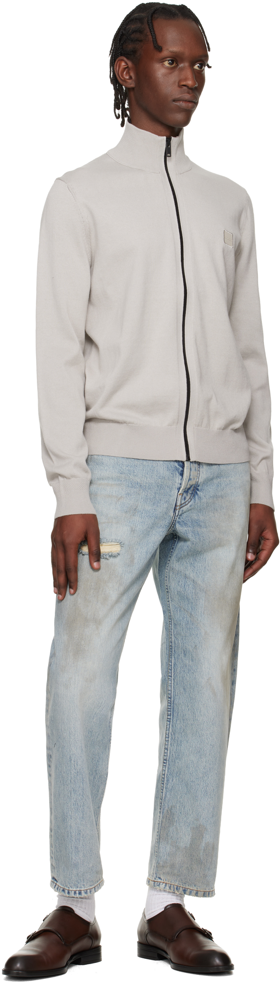 BOSS - Gray Cotton Cashmere Knitted Logo Patch Sweatshirt