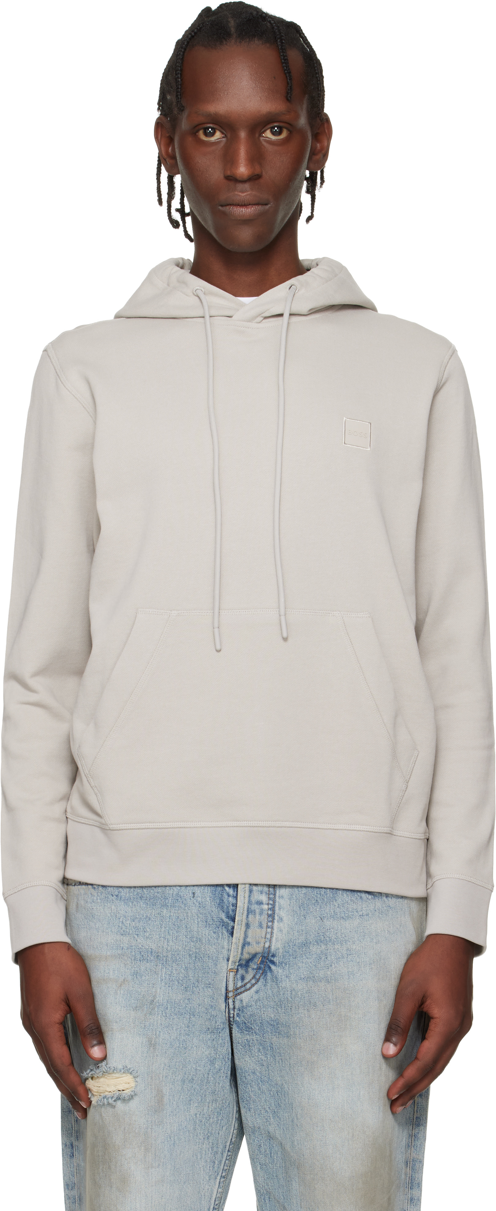 BOSS - Gray Logo Patch Cotton-Terry Hoodie