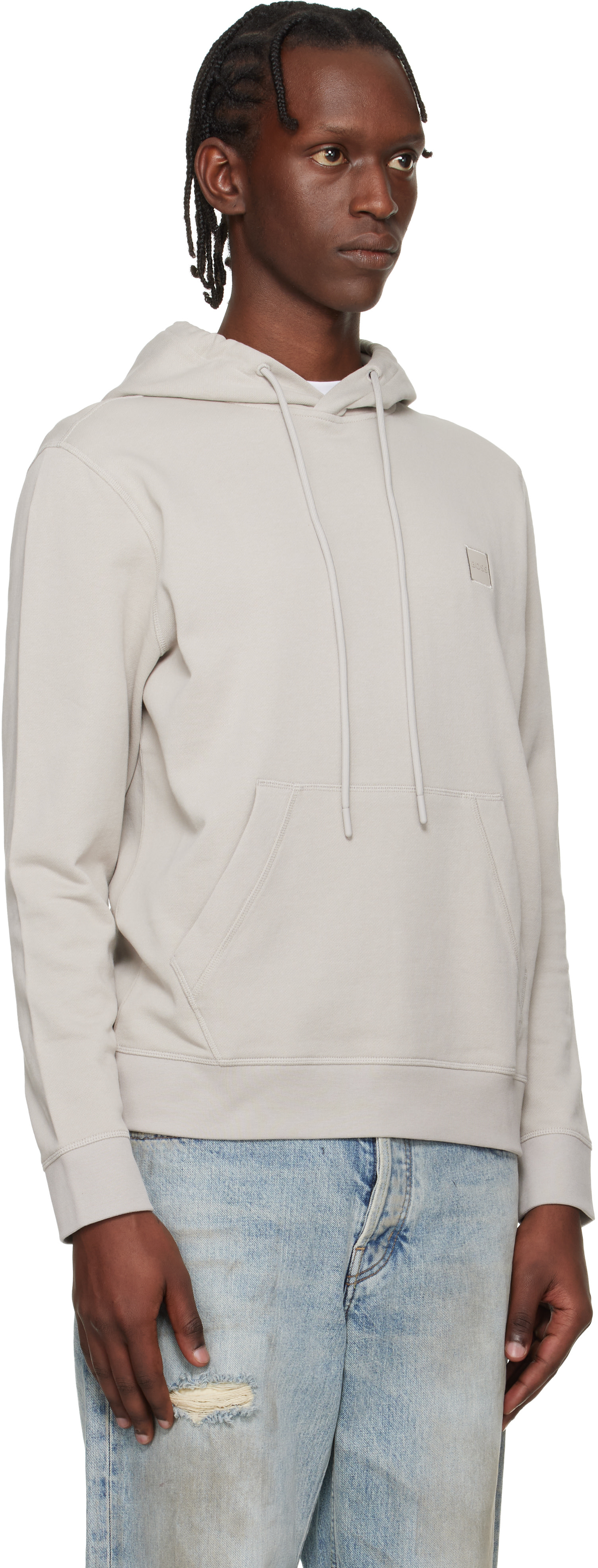 BOSS - Gray Logo Patch Cotton-Terry Hoodie