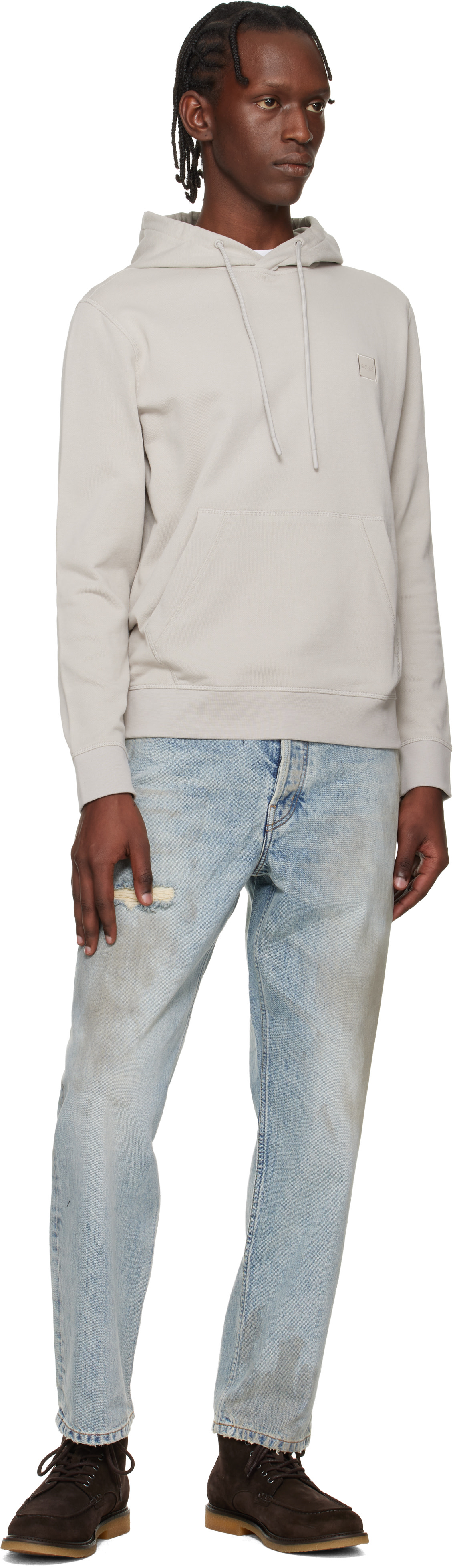 BOSS - Gray Logo Patch Cotton-Terry Hoodie
