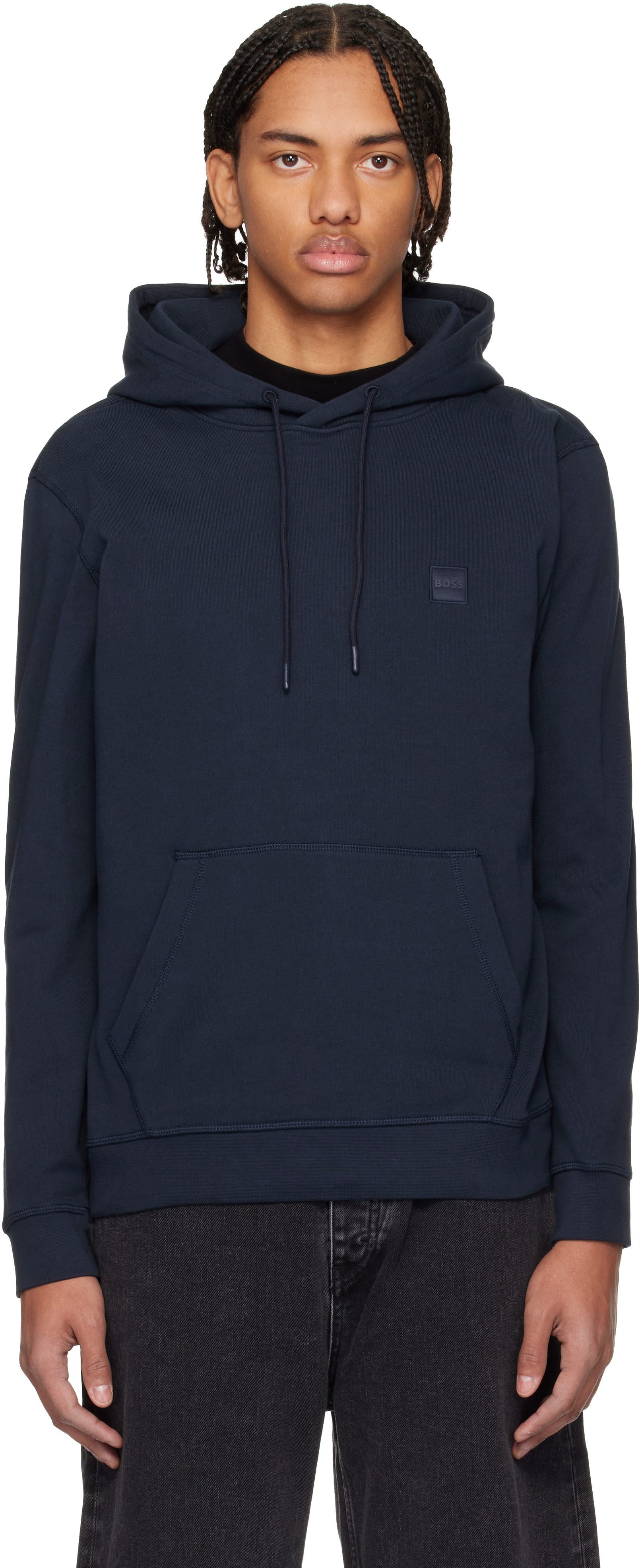 BOSS - Navy Cotton Terry Logo-Patch Hoodie