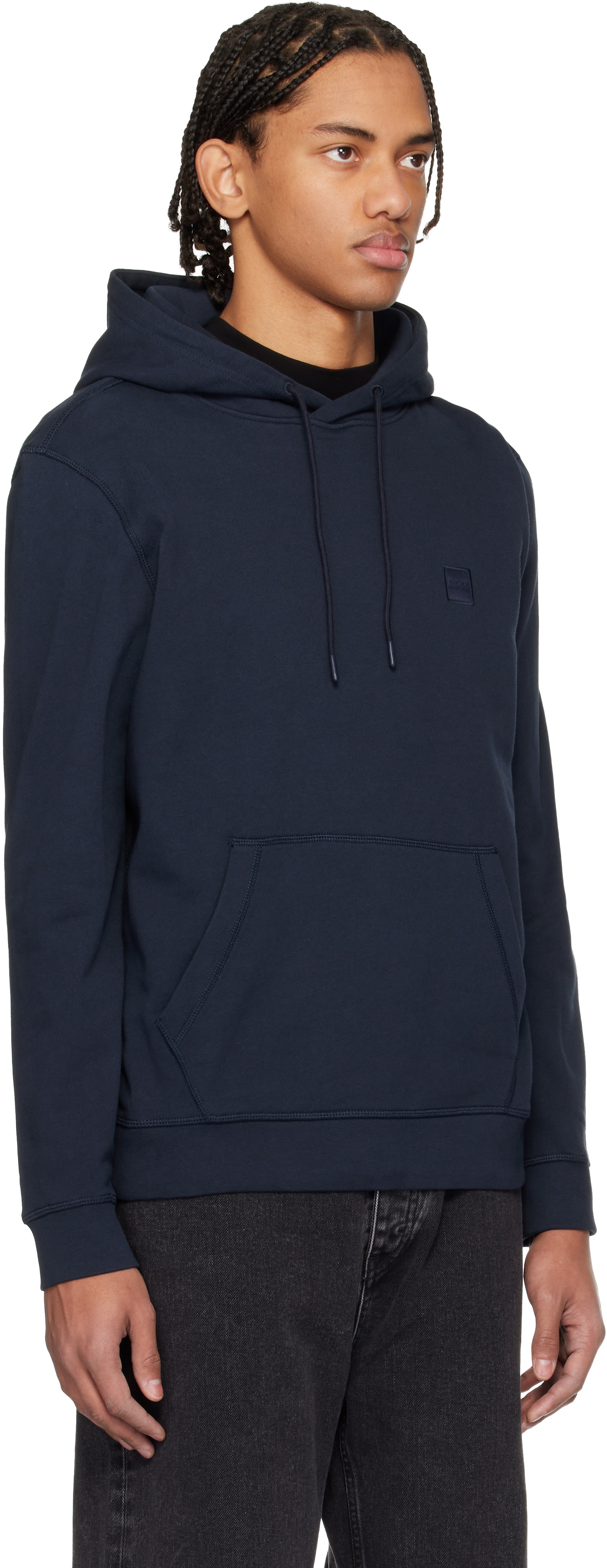 BOSS - Navy Cotton Terry Logo-Patch Hoodie