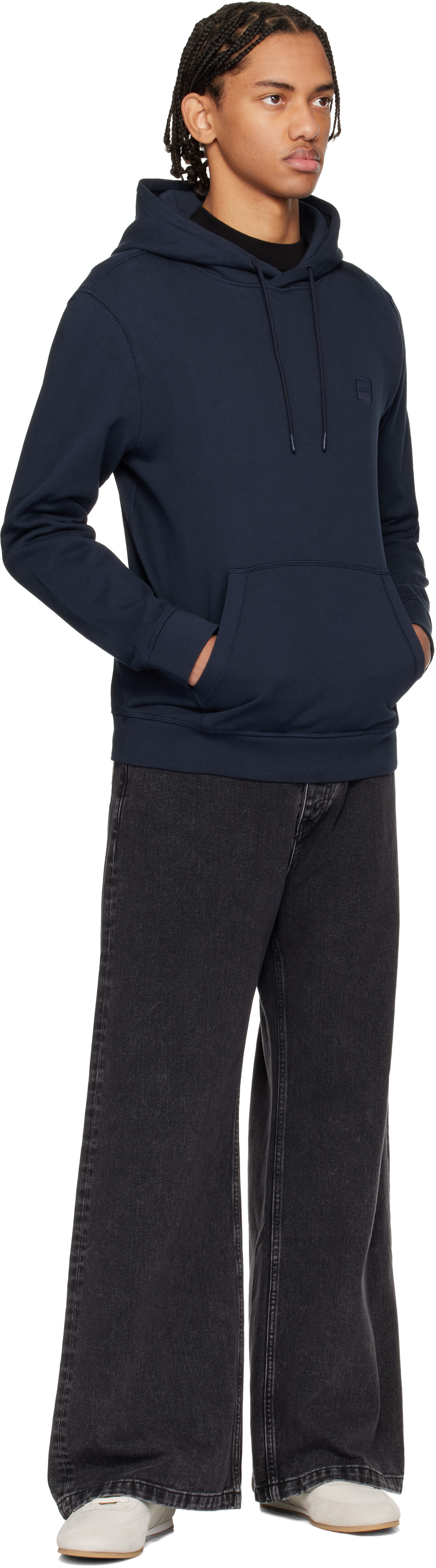BOSS - Navy Cotton Terry Logo-Patch Hoodie