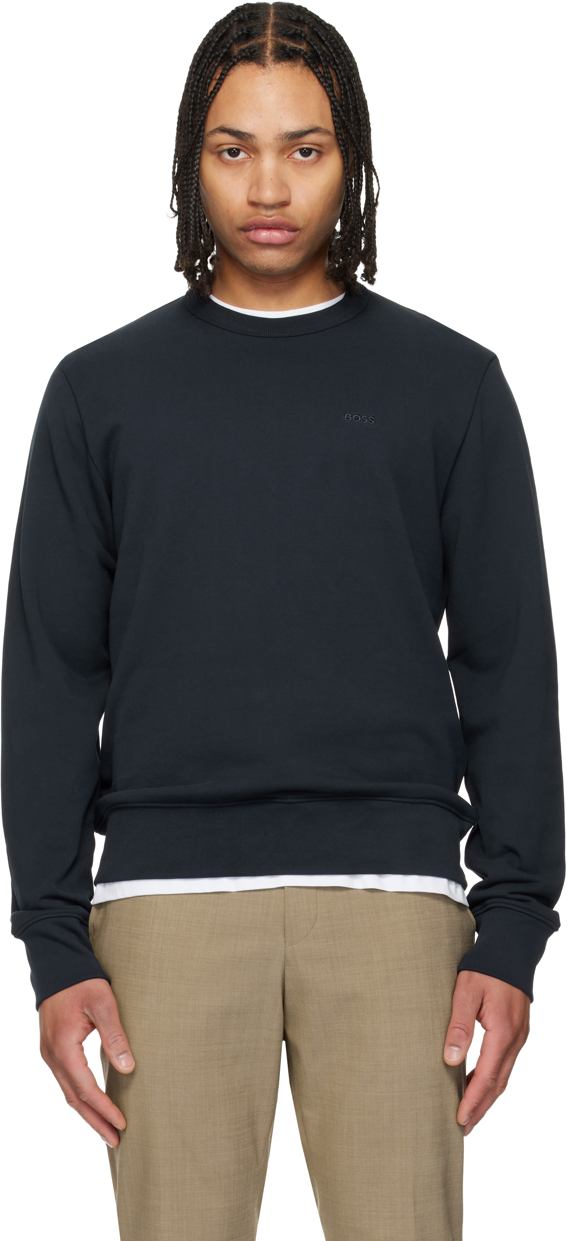 BOSS - Navy Cotton-Terry Tonal Logo Sweatshirt