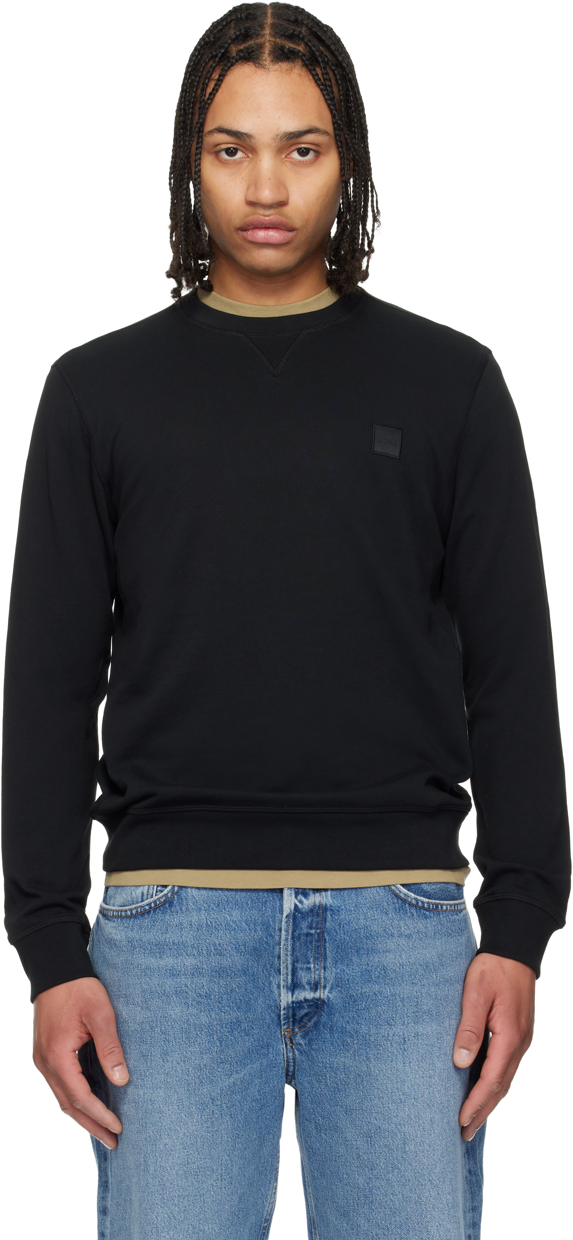 Boss - Pull molletonné noir en jersey bouclette à écusson à logo