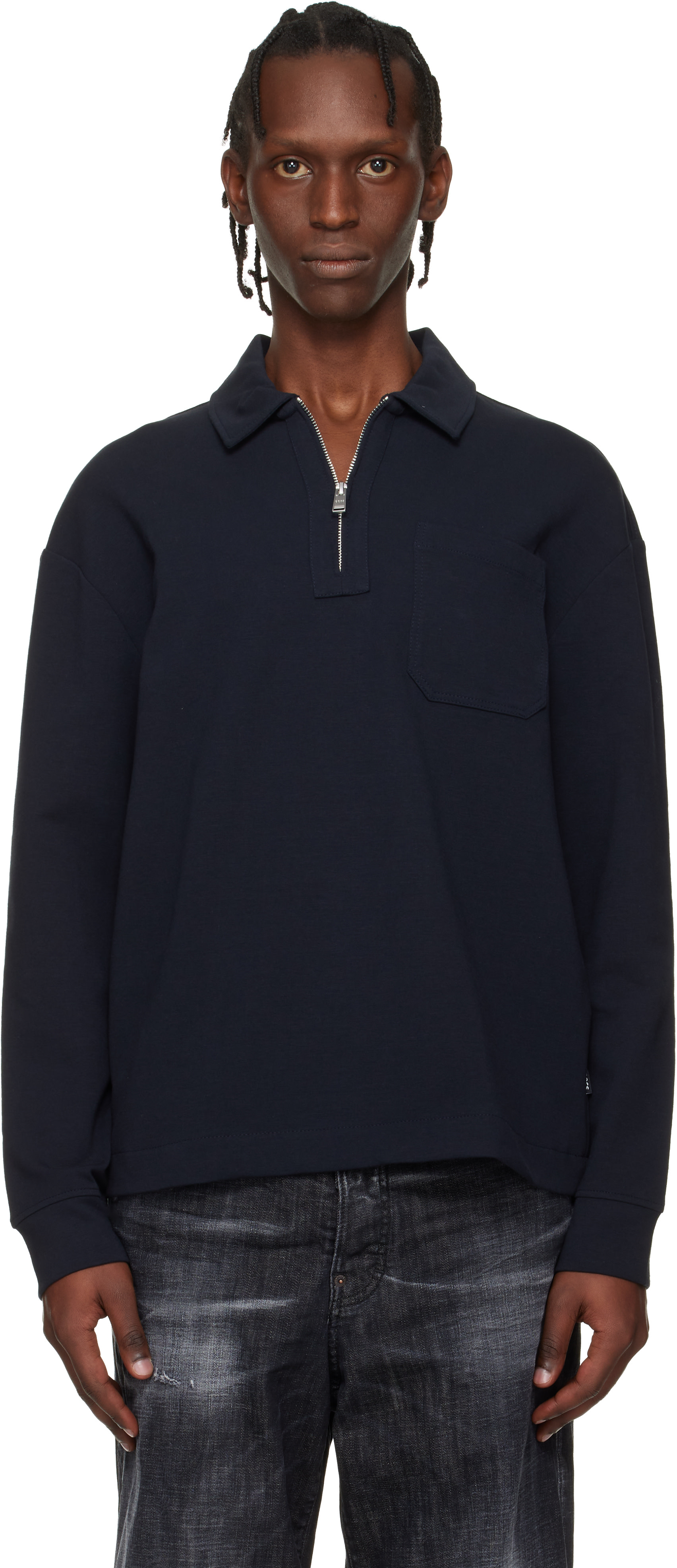 BOSS - Navy Zip-Neck Cotton Blend Polo