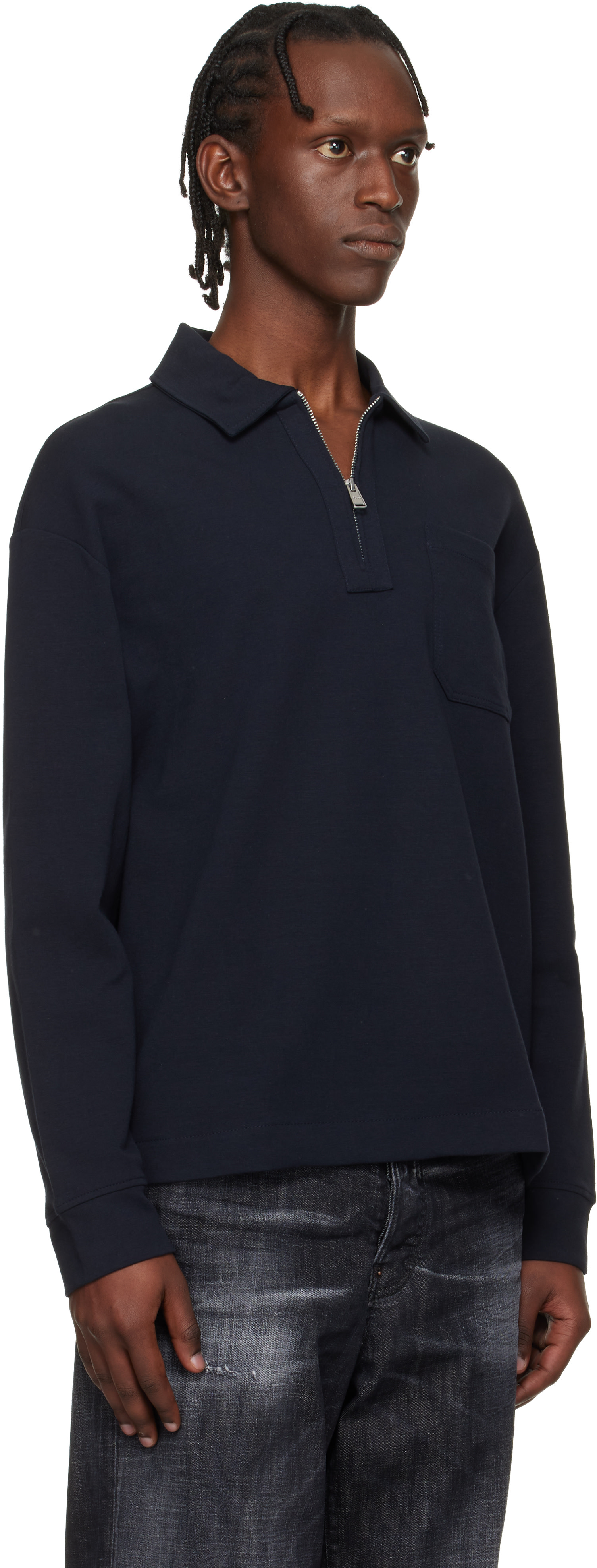 BOSS - Navy Zip-Neck Cotton Blend Polo