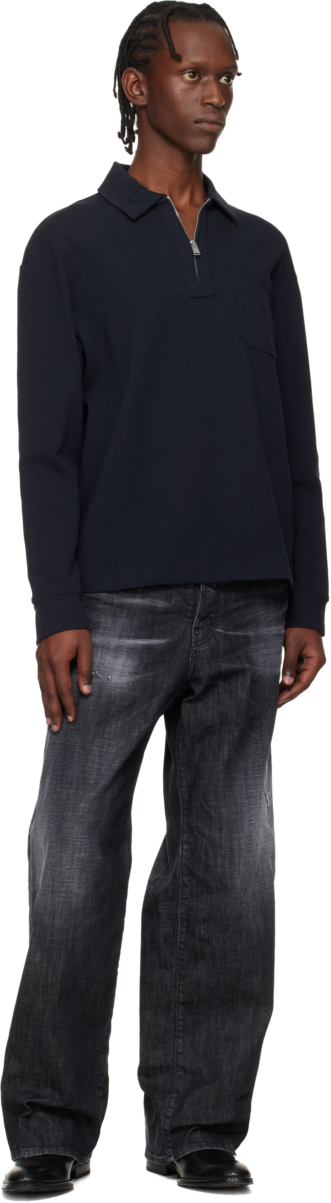 BOSS - Navy Zip-Neck Cotton Blend Polo
