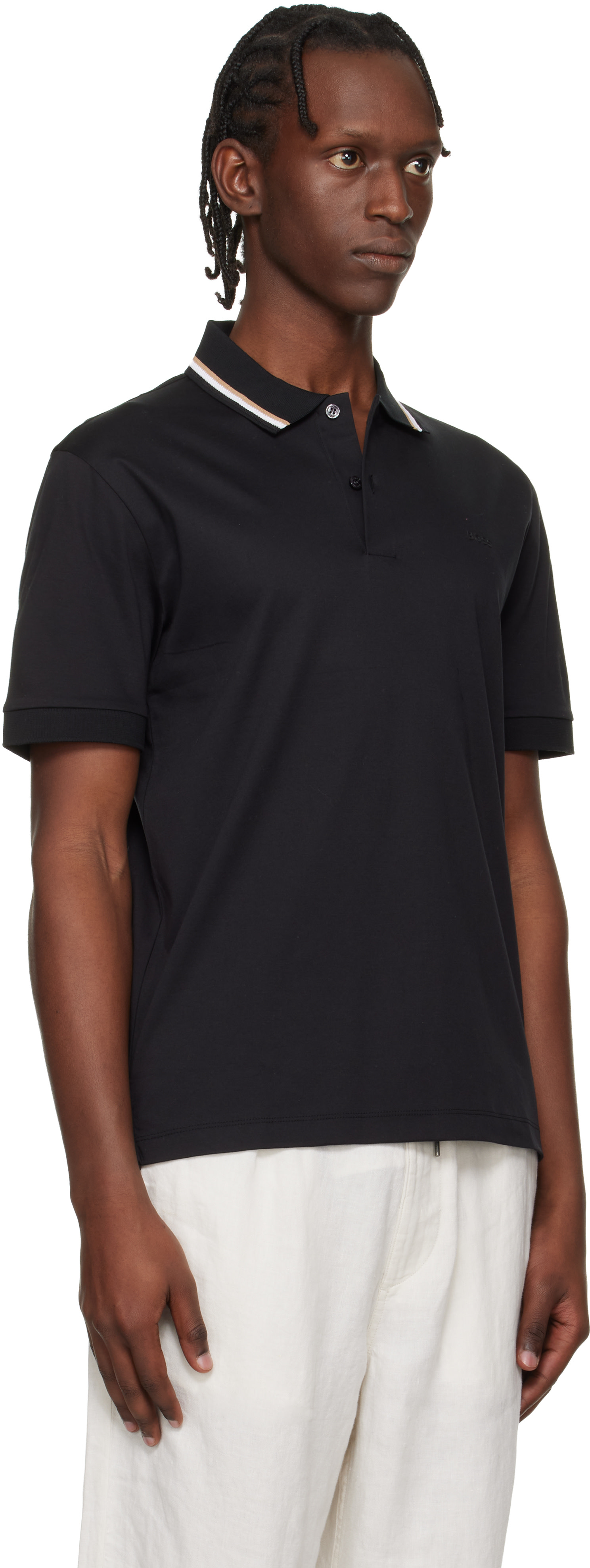 BOSS - Black Cotton Logo Striped-Collar Slim-Fit Polo