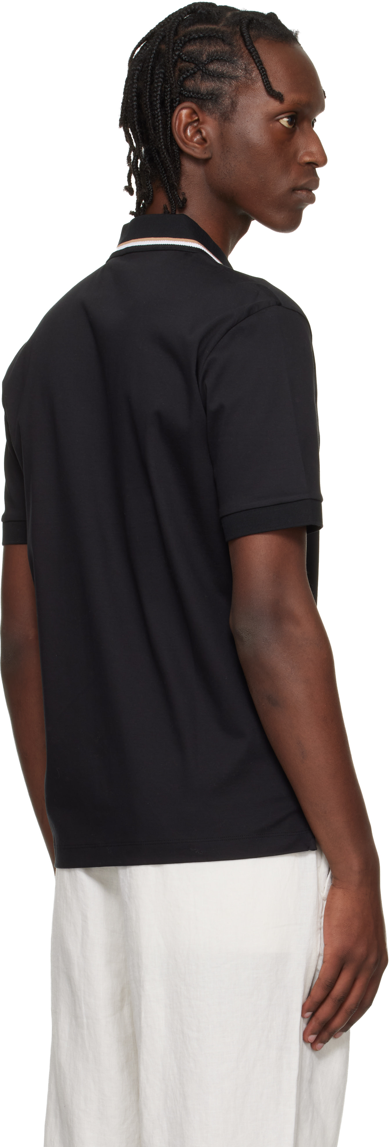BOSS - Black Cotton Logo Striped-Collar Slim-Fit Polo