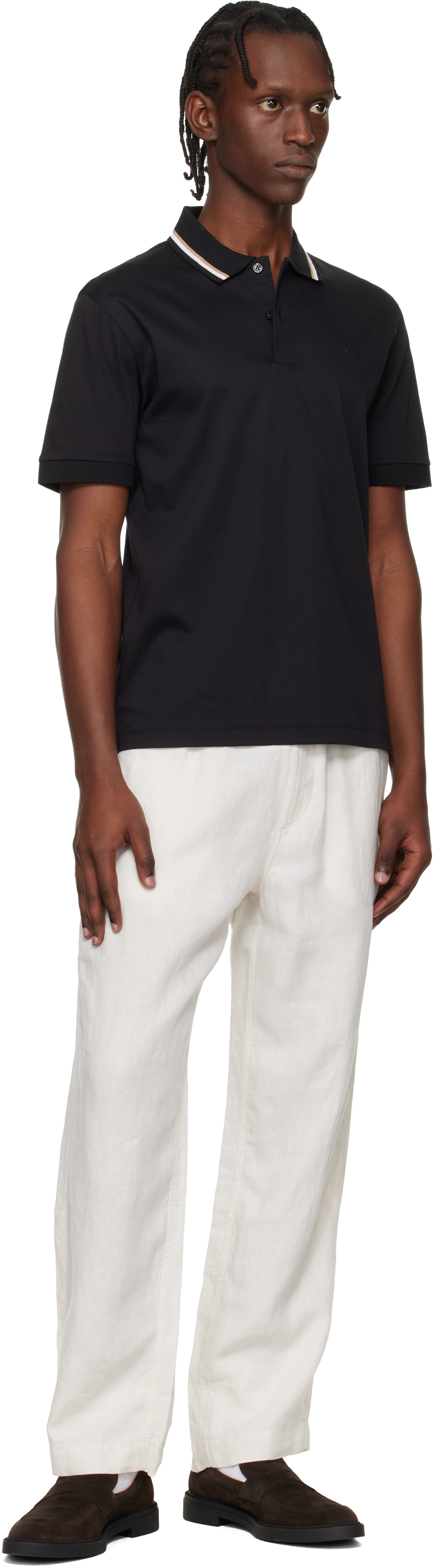 BOSS - Black Cotton Logo Striped-Collar Slim-Fit Polo