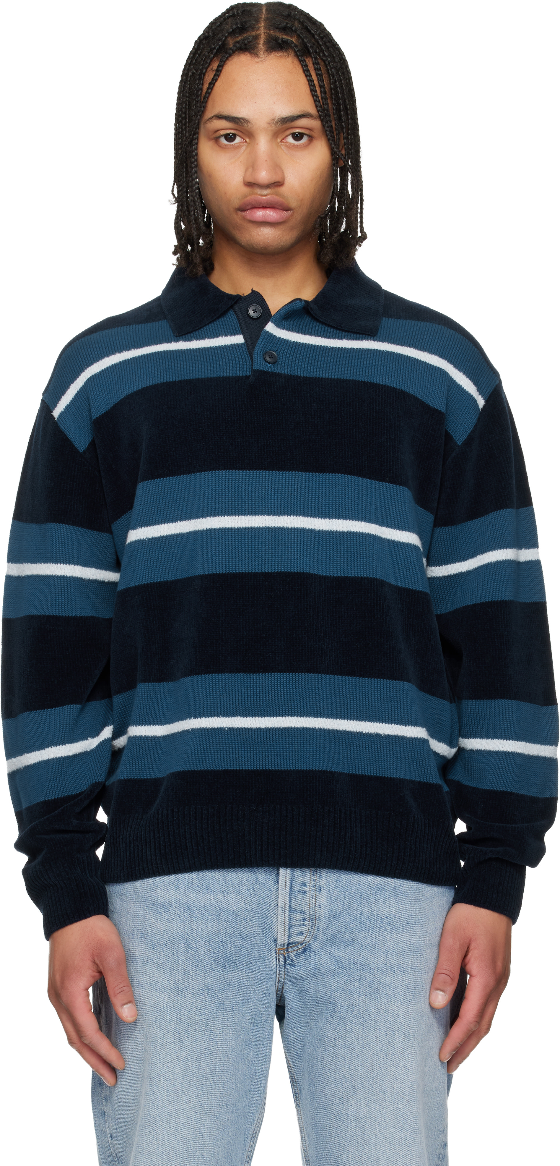 BOSS - Blue Cotton-Blend Knit Block Stripes Polo
