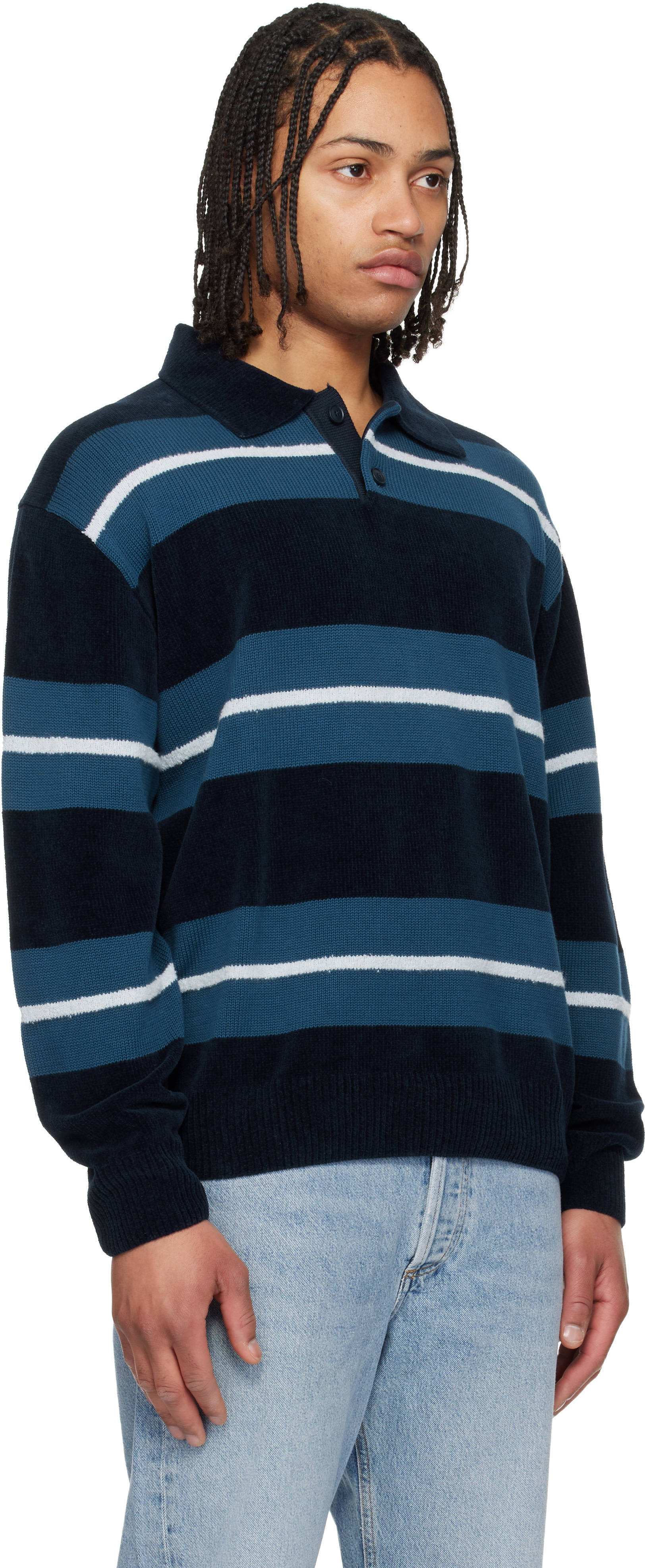 BOSS - Blue Cotton-Blend Knit Block Stripes Polo