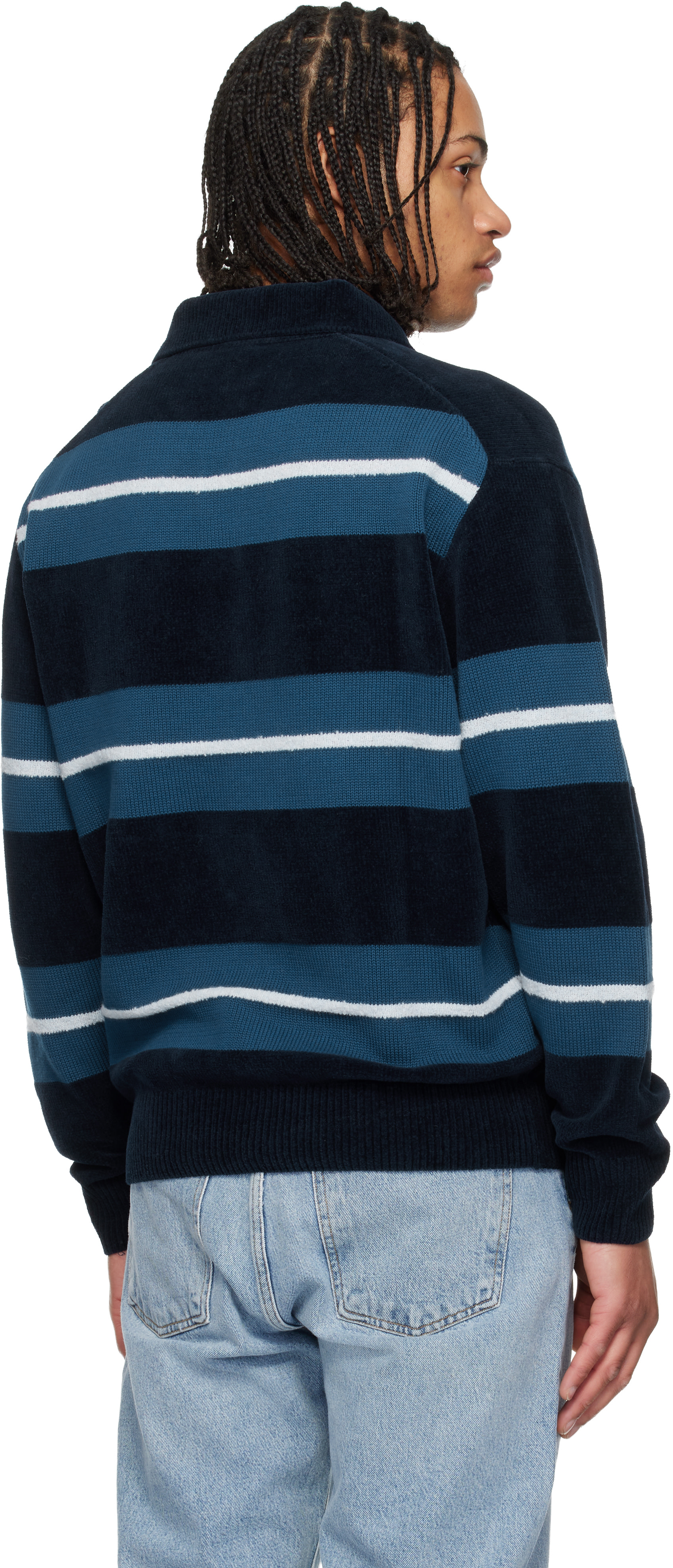 BOSS - Blue Cotton-Blend Knit Block Stripes Polo