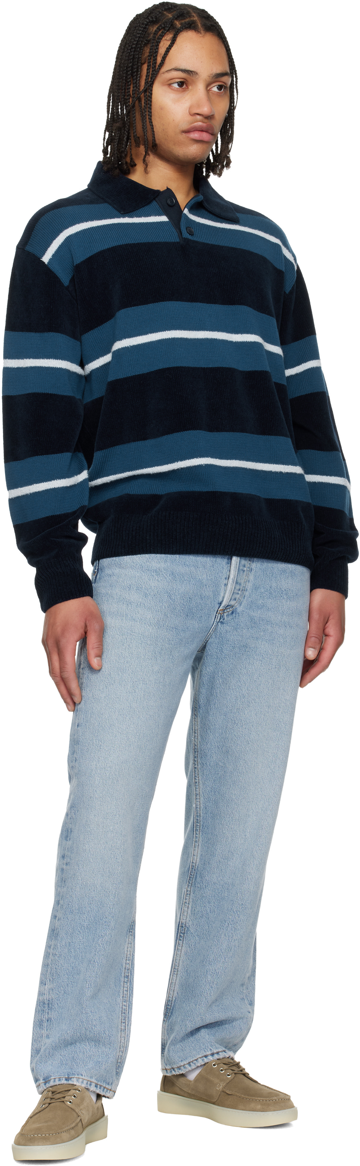 BOSS - Blue Cotton-Blend Knit Block Stripes Polo