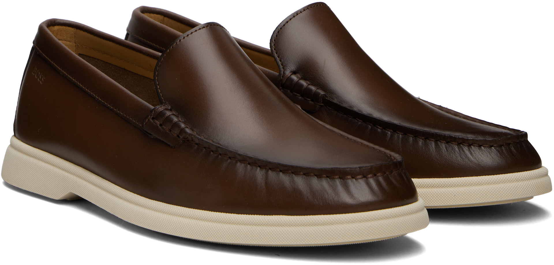 BOSS: Brown Embossed-Logo Leather Loafers | SSENSE display picture 2