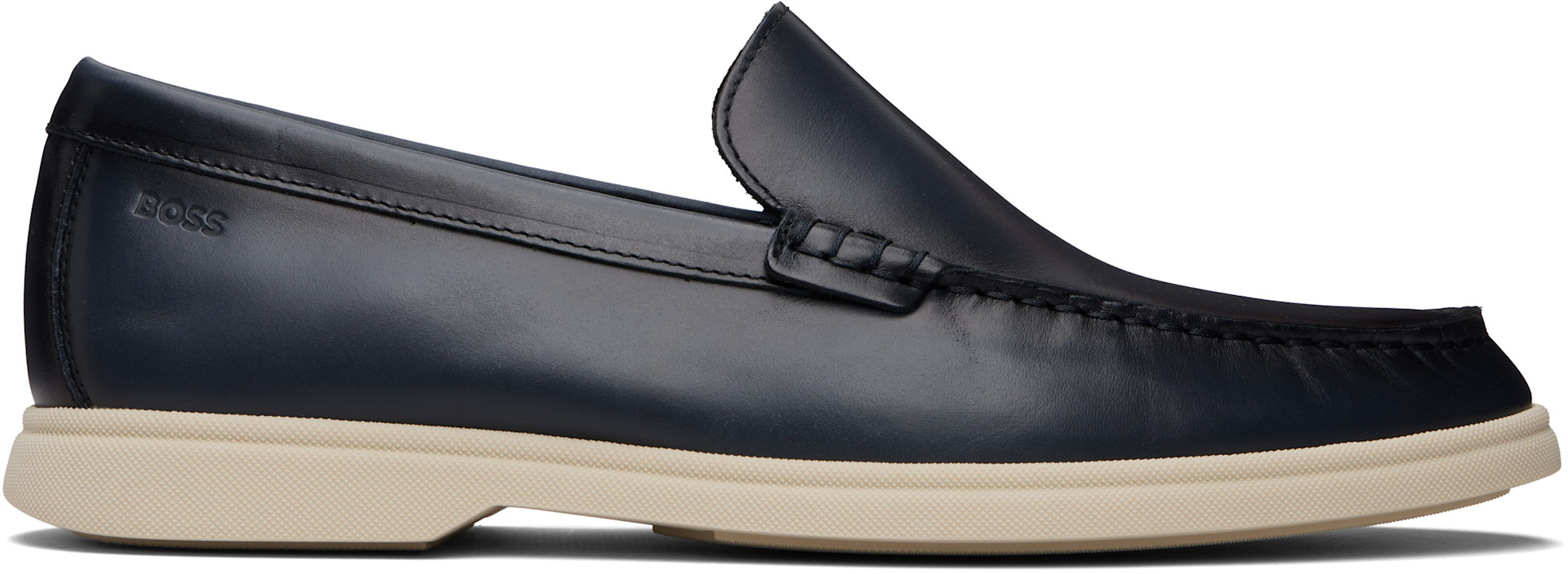 BOSS - Navy Embossed-Logo Leather Loafers