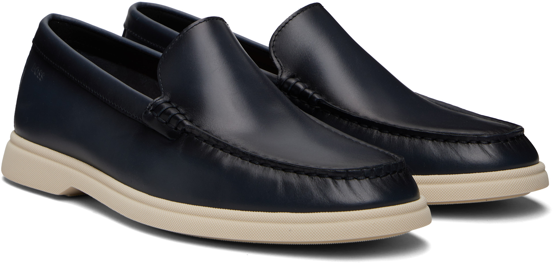 BOSS - Navy Embossed-Logo Leather Loafers