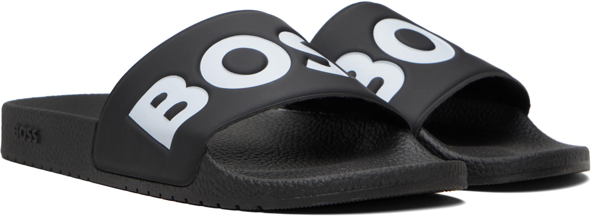 Hugo Boss Mens Black Leather Slides Made in Italy Sandals 18414 8060 Size 43 BOSS - Faux-leather slides with plain and patterned straps  main image 2
