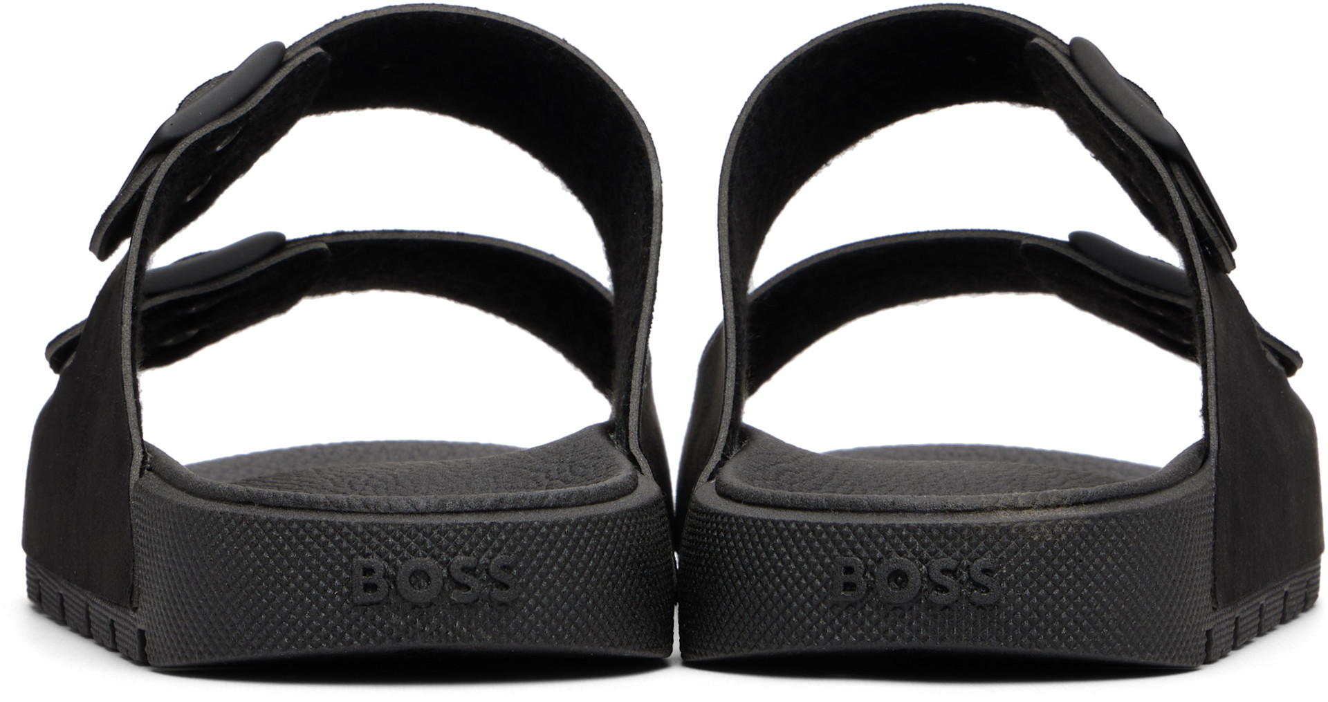 BOSS: Black Twin-Strap Branded Buckle Slides | SSENSE