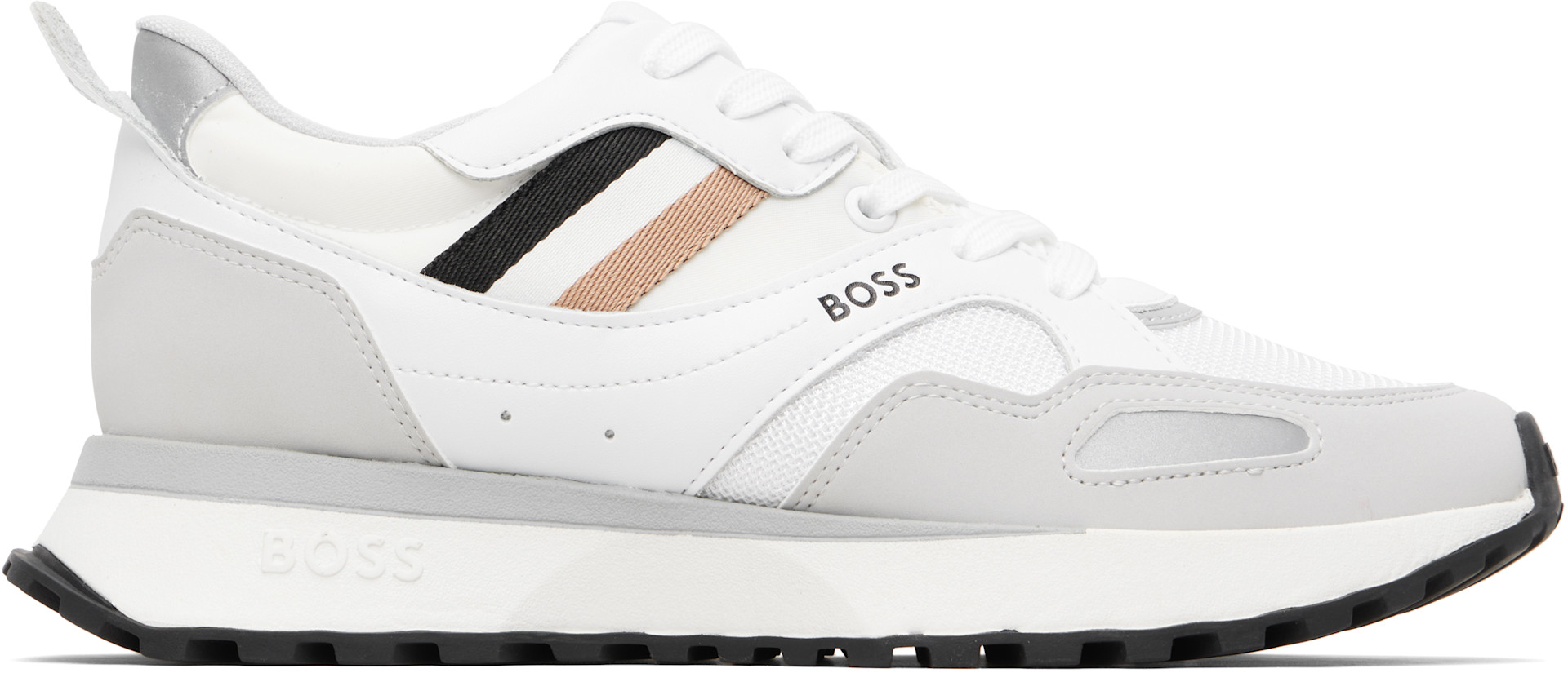 BOSS - White Mixed-Material Leather & Mesh Sneakers