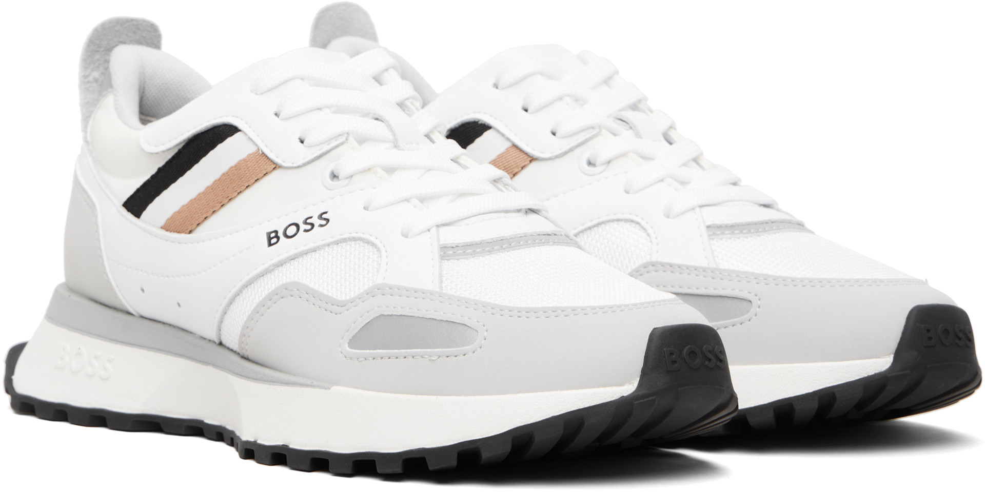 BOSS - White Mixed-Material Leather & Mesh Sneakers