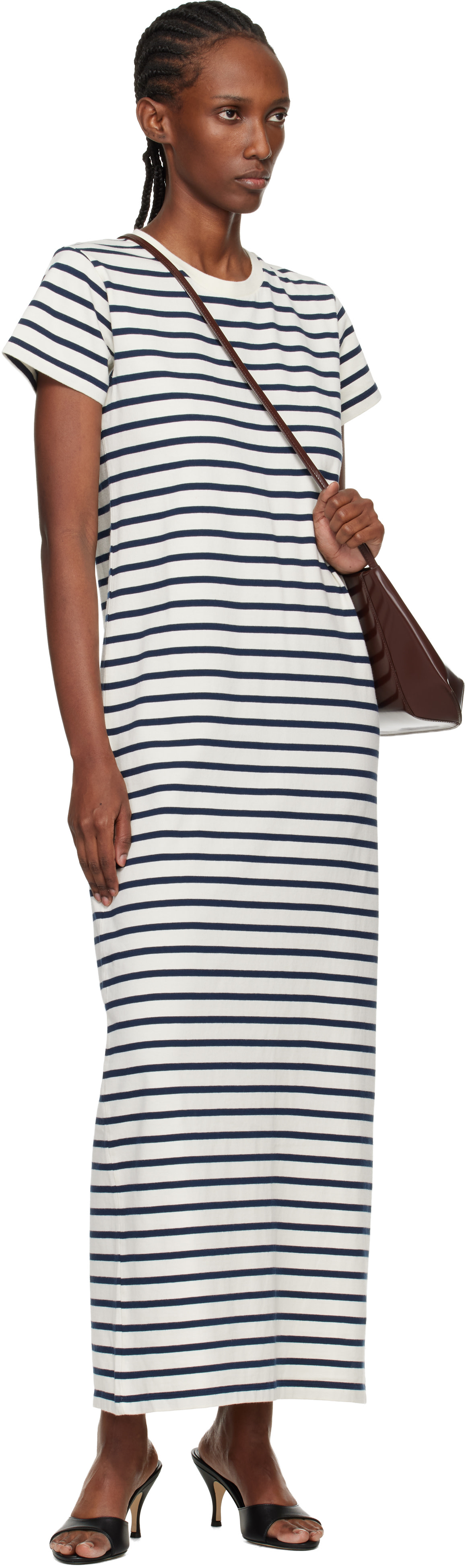 ANINE BING: Off-White & Navy Wynne Stripe Midi Dress