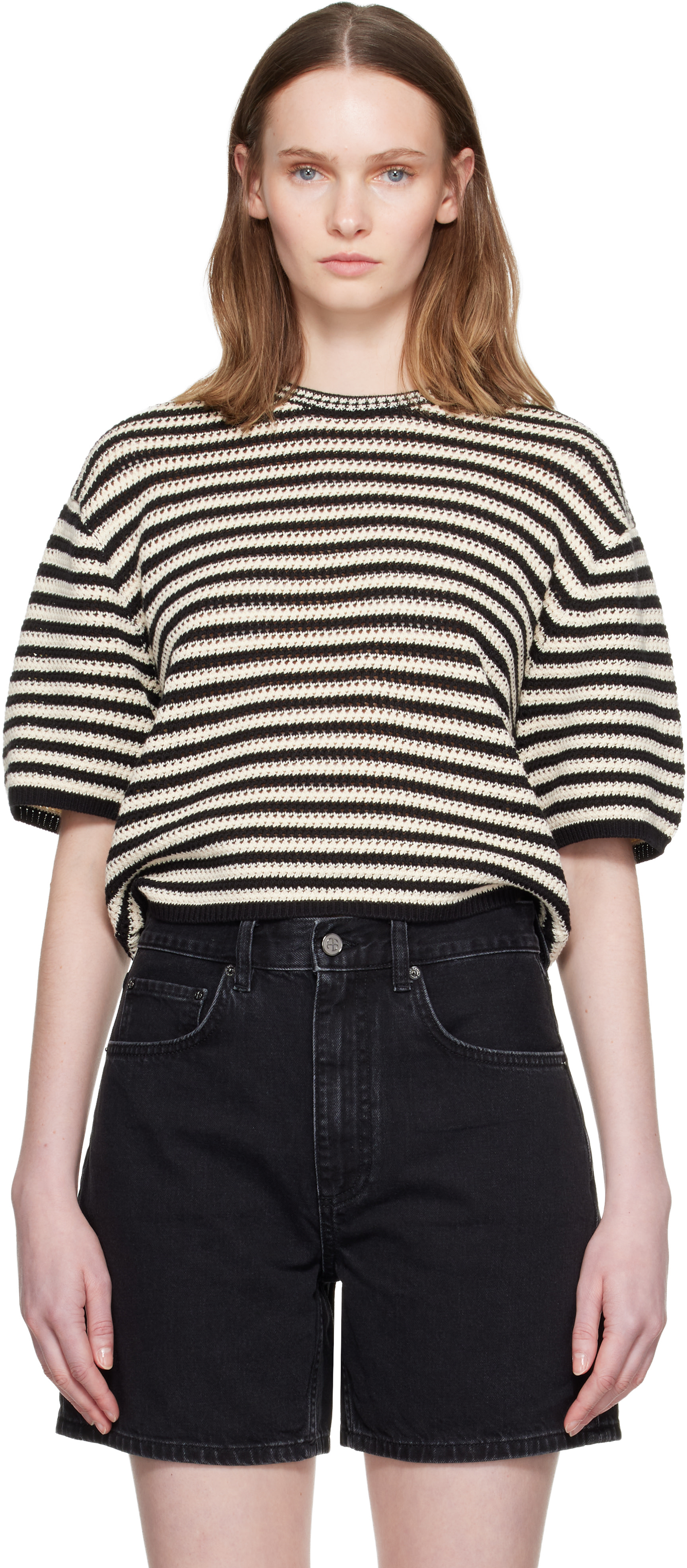 ANINE BING - Pull Theo noir et blanc cassé
