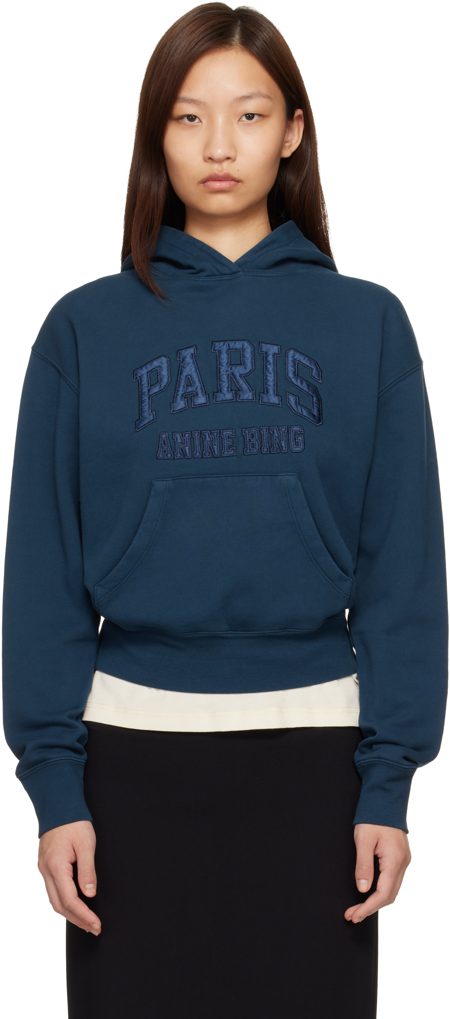 ANINE BING: Navy Debbie Shrunken 'Paris' Hoodie | SSENSE