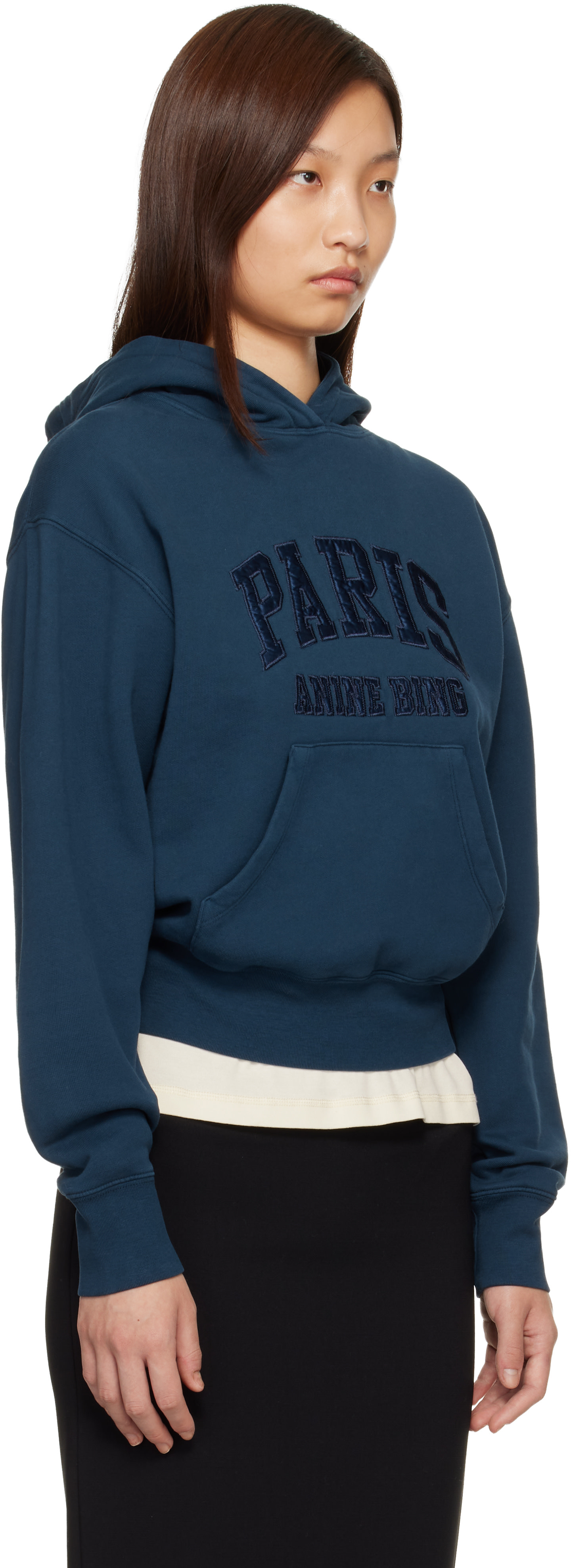 ANINE BING: Navy Debbie Shrunken 'Paris' Hoodie | SSENSE