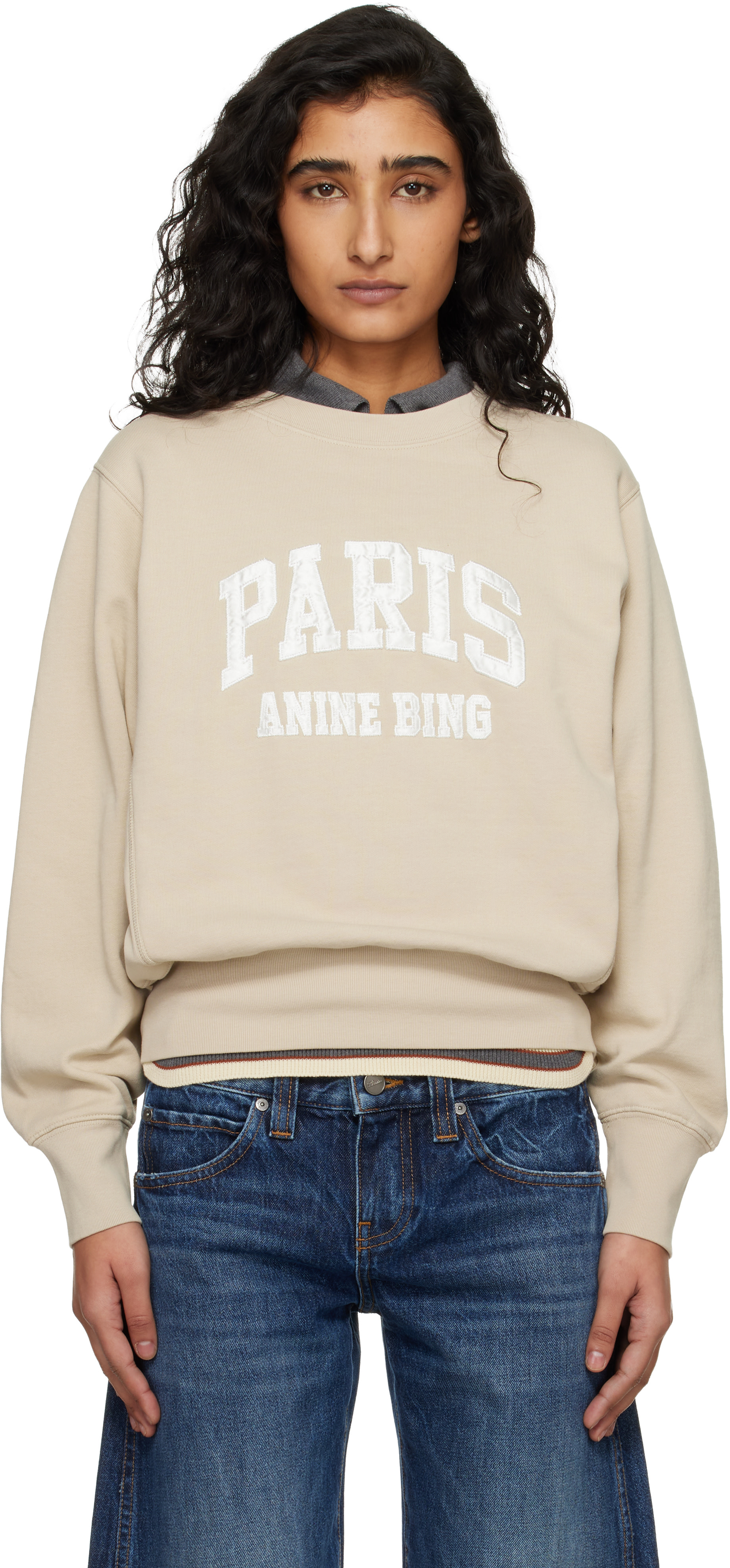 ANINE BING - Pull molletonné rétréci Harry beige à logo Paris