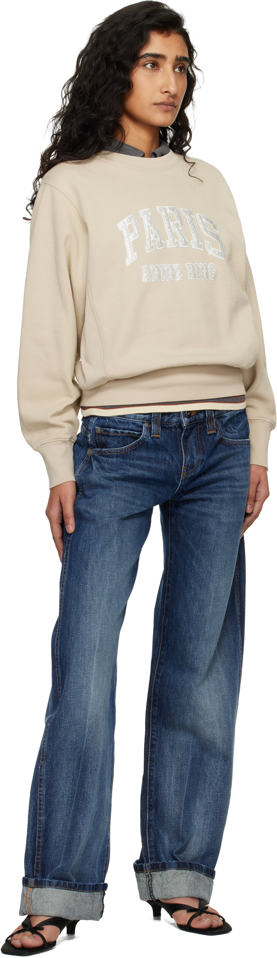 ANINE BING - Pull molletonné rétréci Harry beige à logo Paris