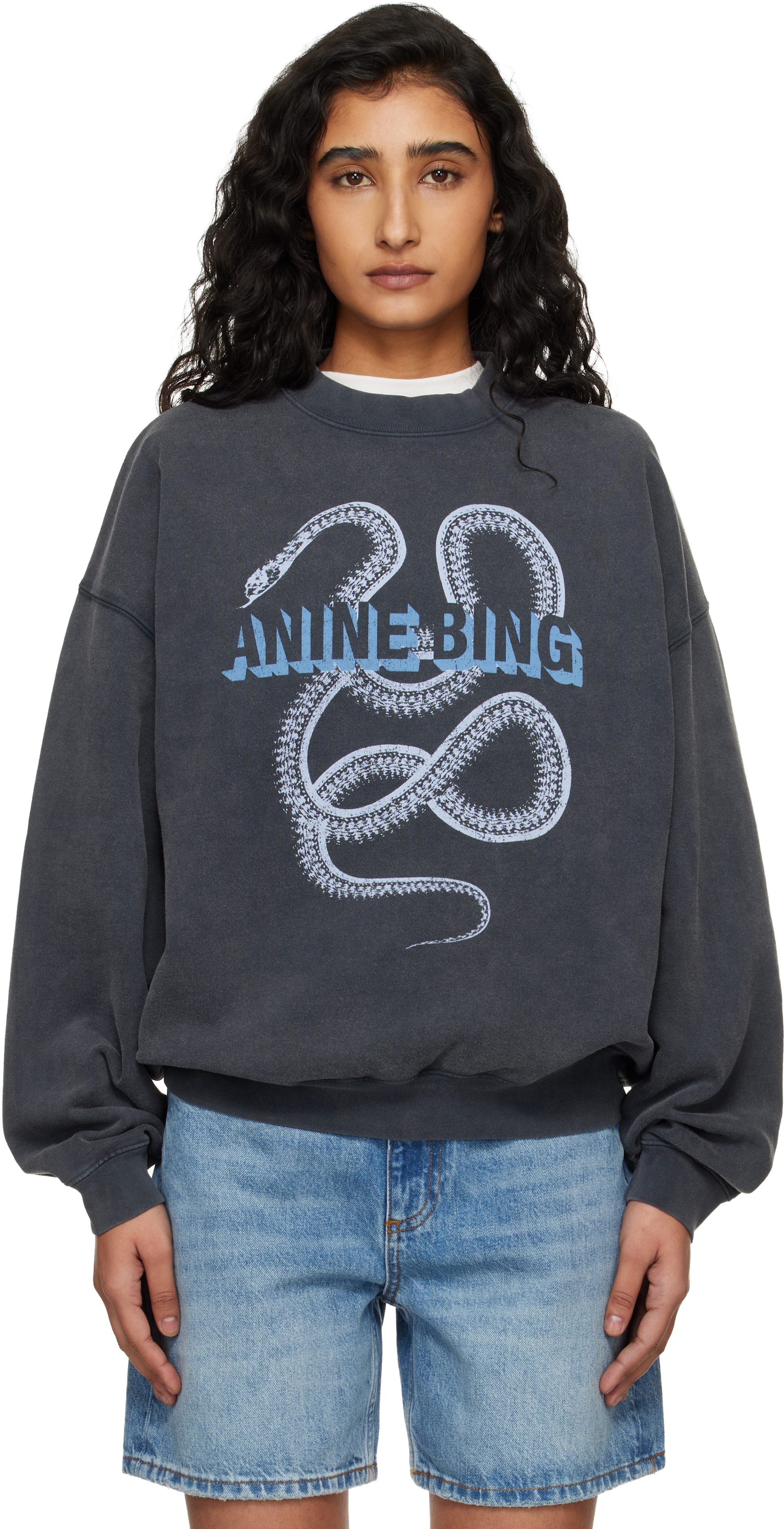 ANINE BING - Pull molletonné Harvey noir à image de serpent et à col ras du cou