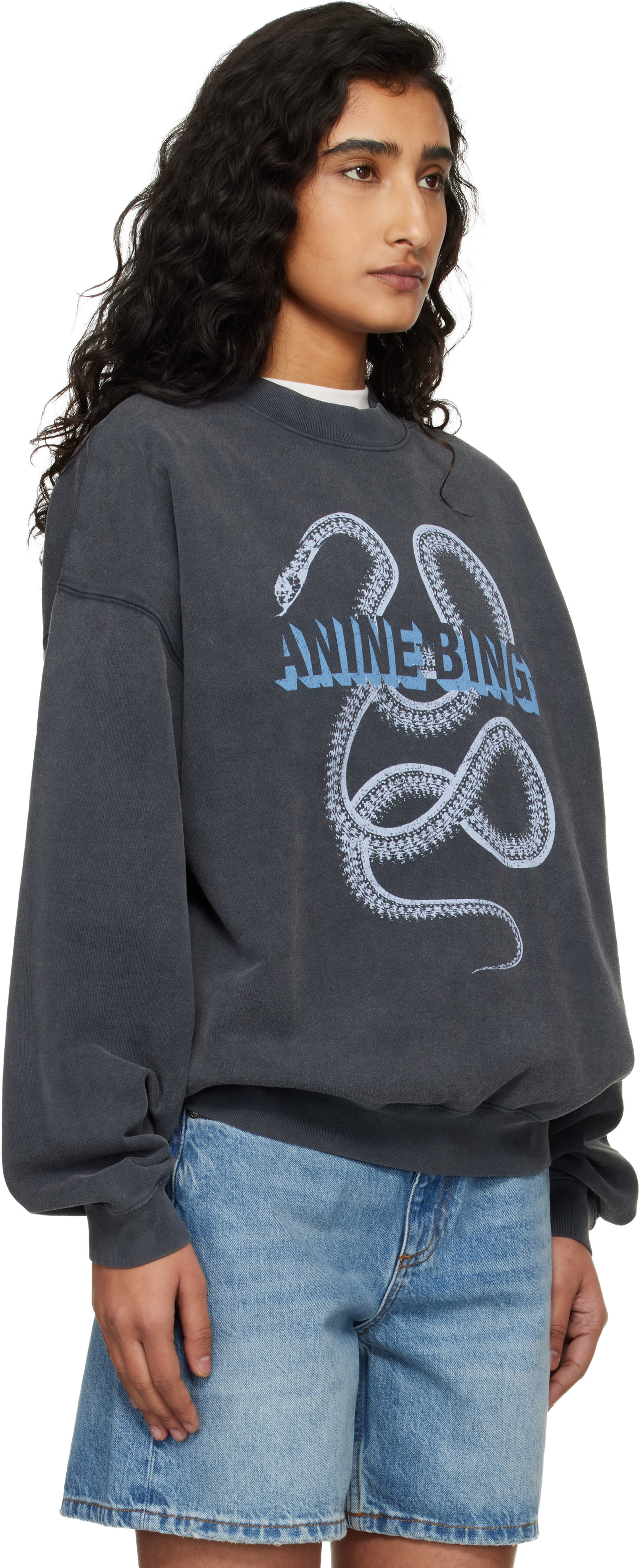 ANINE BING - Pull molletonné Harvey noir à image de serpent et à col ras du cou