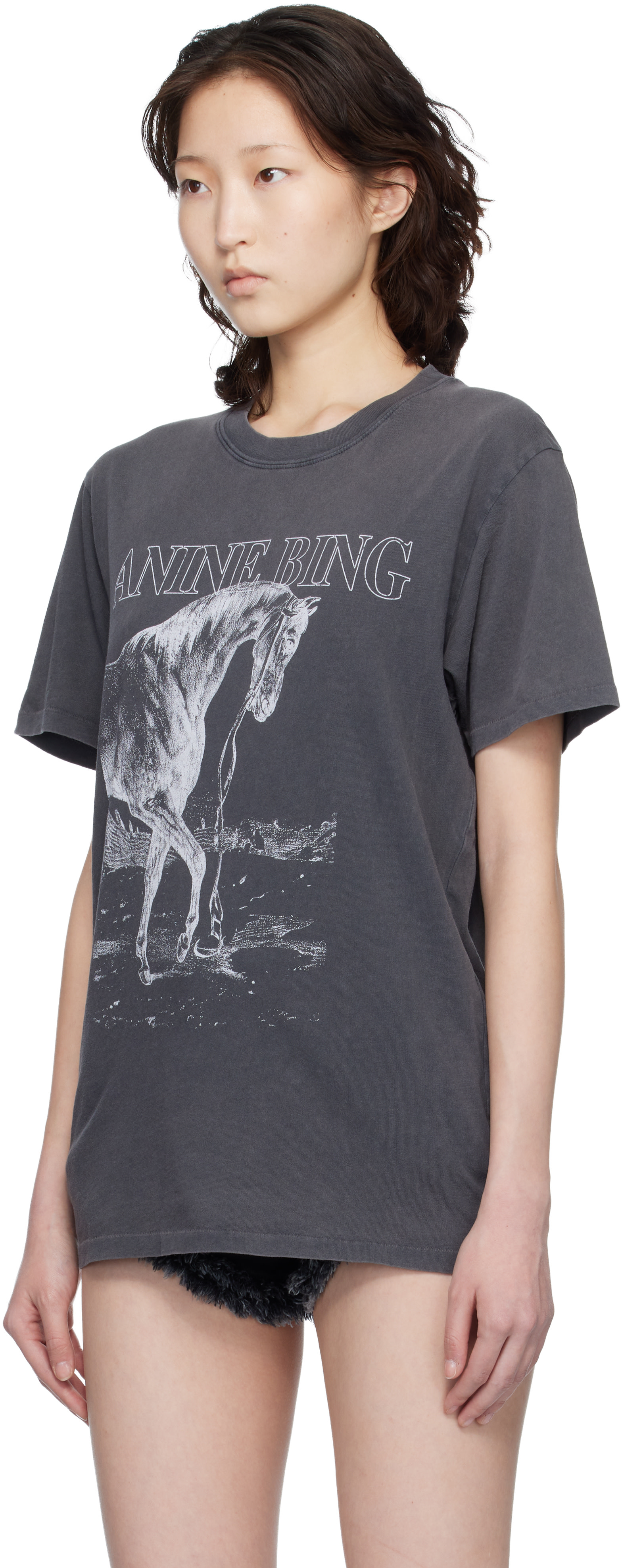 ANINE BING: Black Lili Horse T-shirt | SSENSE Canada