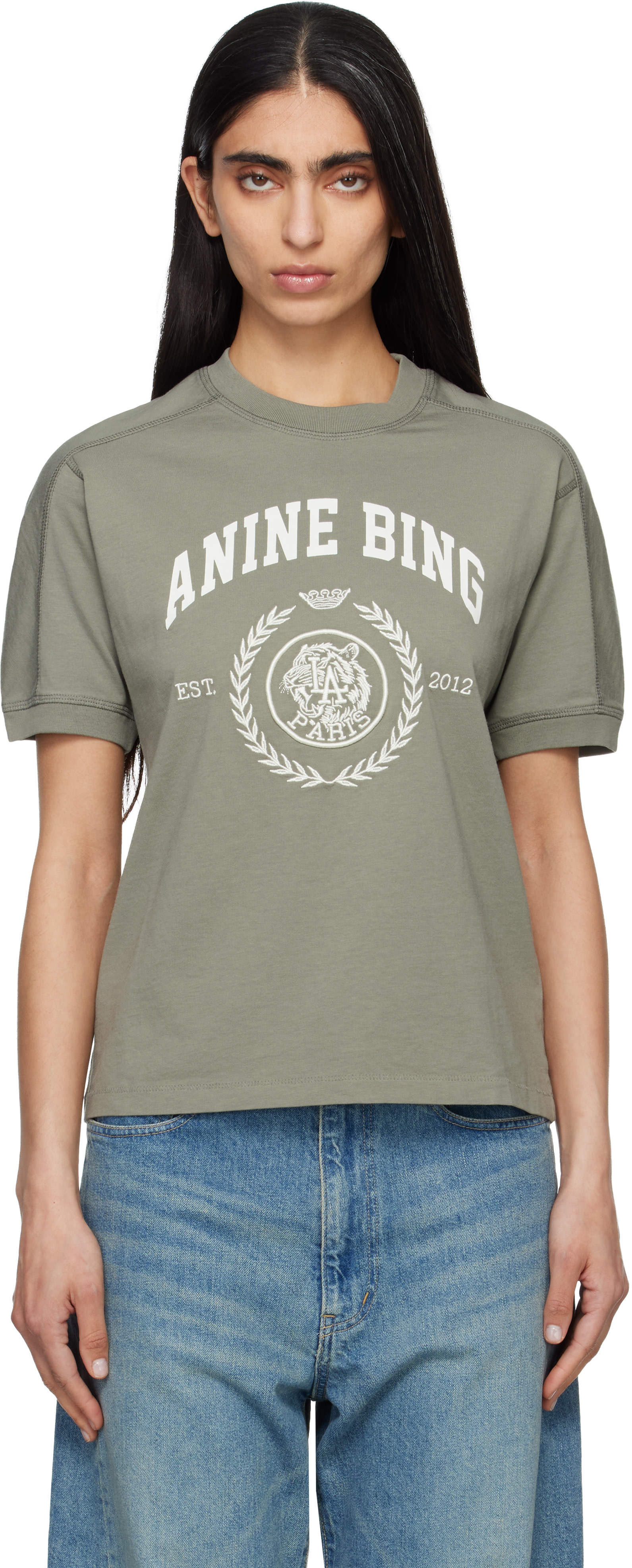 ANINE BING: カーキ Jaylin Collegiate Tシャツ | SSENSE 日本