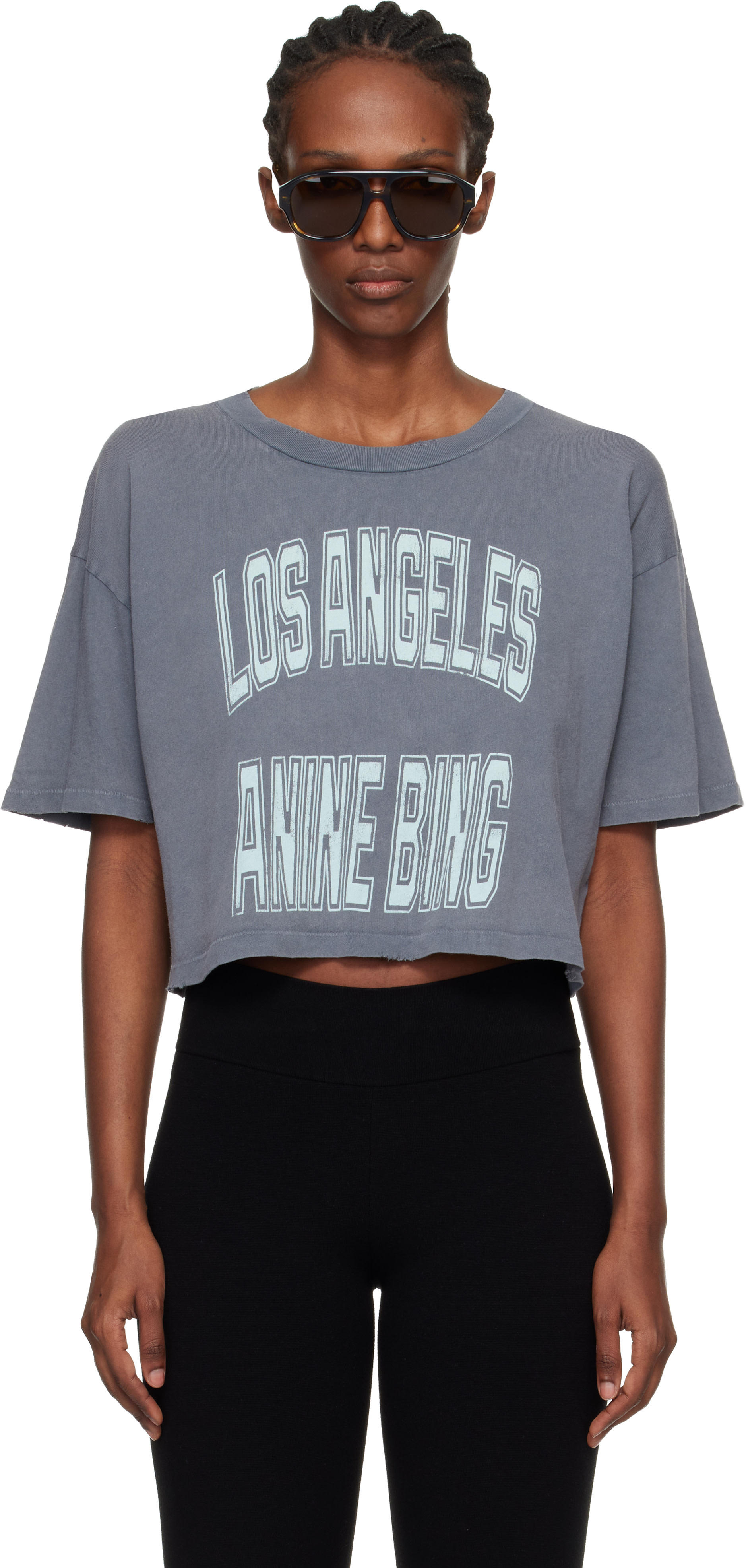 ANINE BING: グレー Johnny クロップド Tシャツ | SSENSE 日本